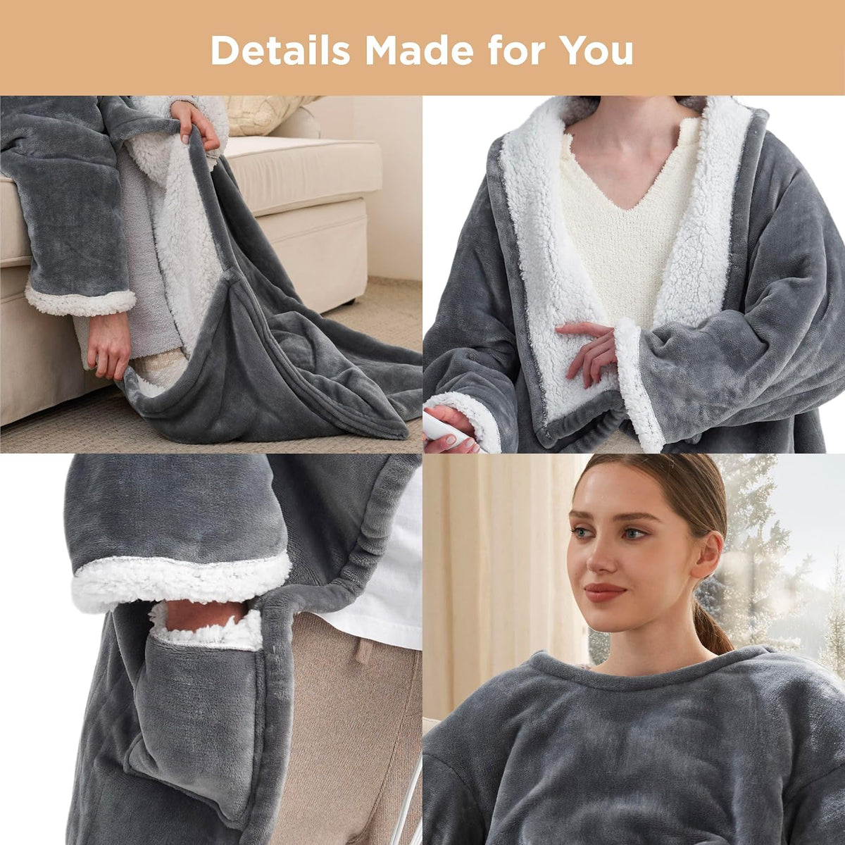 Bedsure Wearable Heated Blanket with Foot Pocket & Sleeves, 50x71+18", Grey