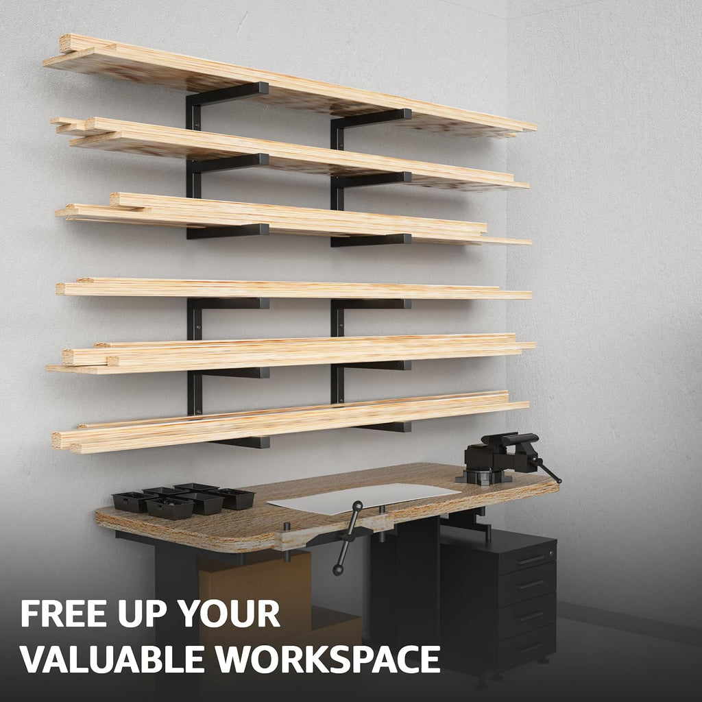 Wood Organizer and Lumber Storage Rack Wall Mount, Heavy Duty Metal Shelf with 6-Level Holds Up 1200 LBS, Indoor & Outdoor Use - Black