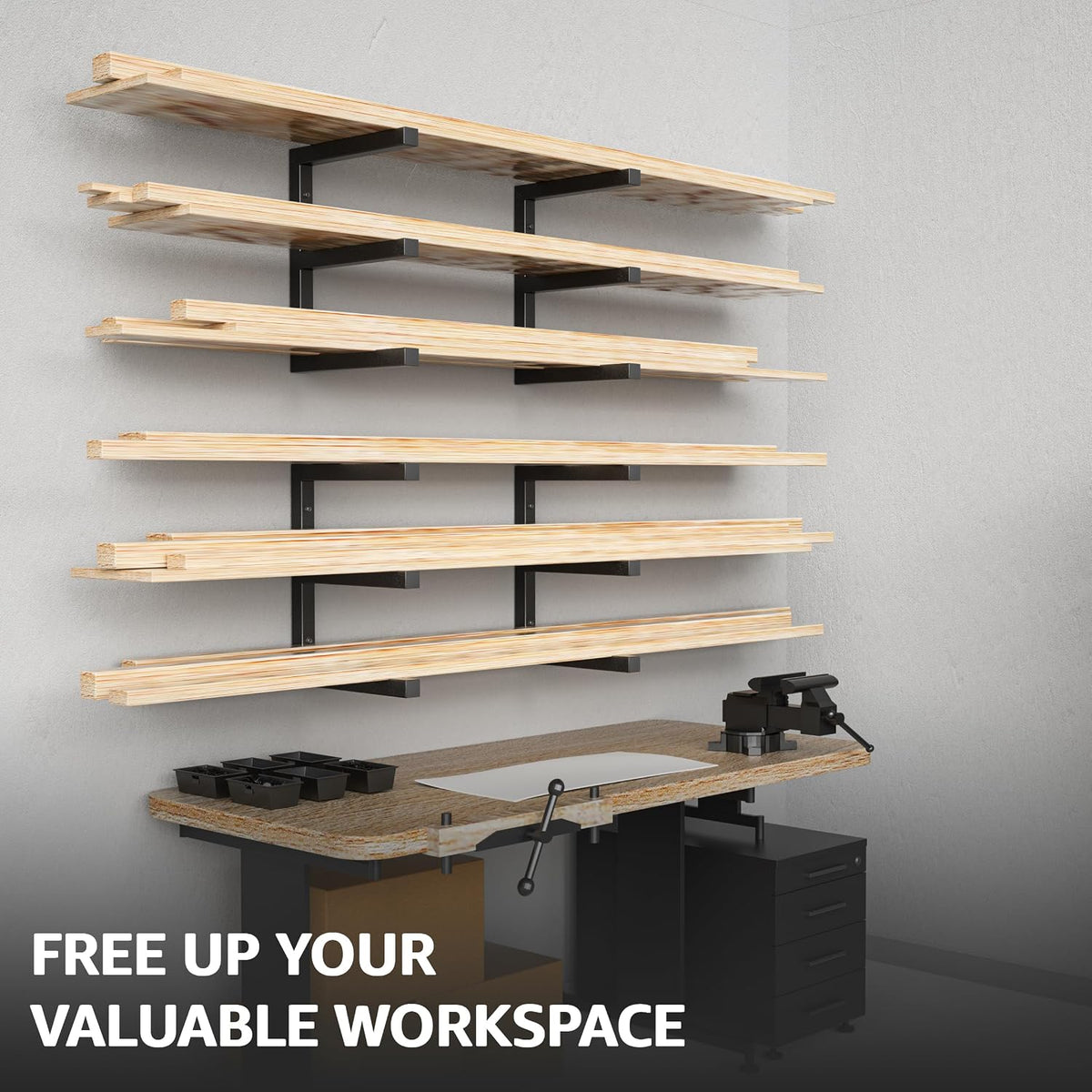 Wood Organizer and Lumber Storage Rack Wall Mount, Heavy Duty Metal Shelf with 6-Level Holds Up 1200 LBS, Indoor & Outdoor Use - Black