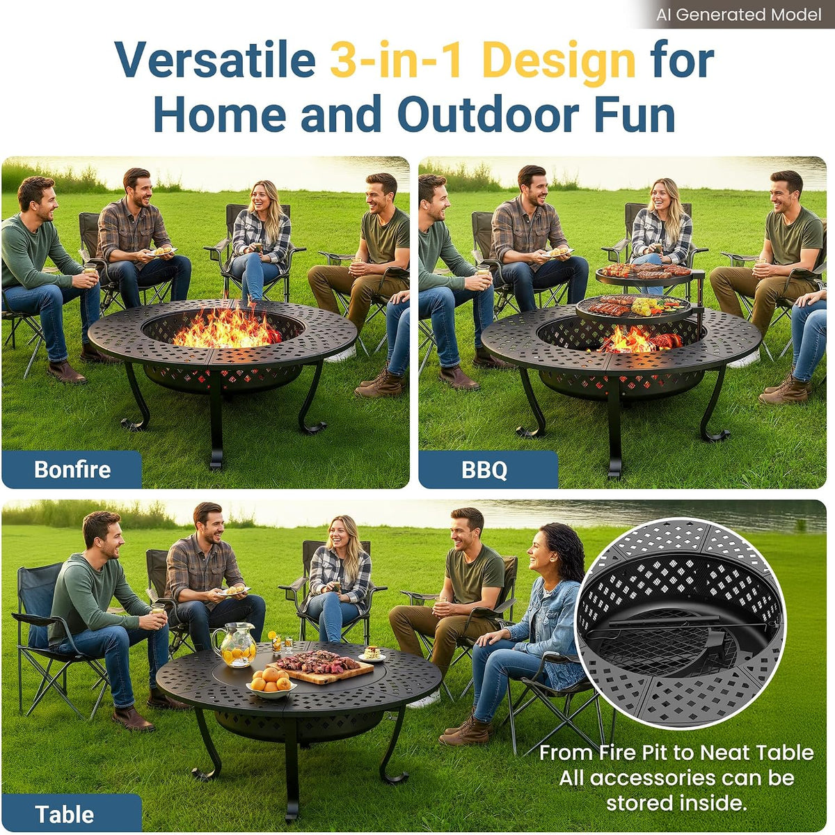 43" Large Fire Pit for Outside with 2 Adjustable Grills,Lid & Fire Poker