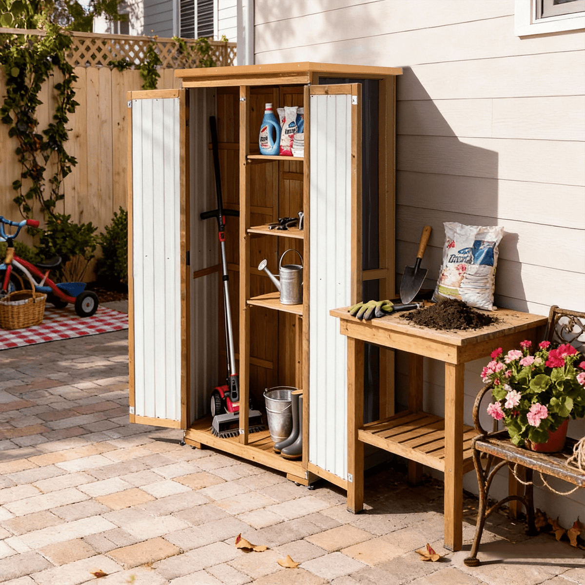 Outdoor Storage Cabinet Waterproof with Shelves, Small Storage Shed, Vertical Tall Patio Backyard Garden Storage Cabinet Tool Organizer for Outside