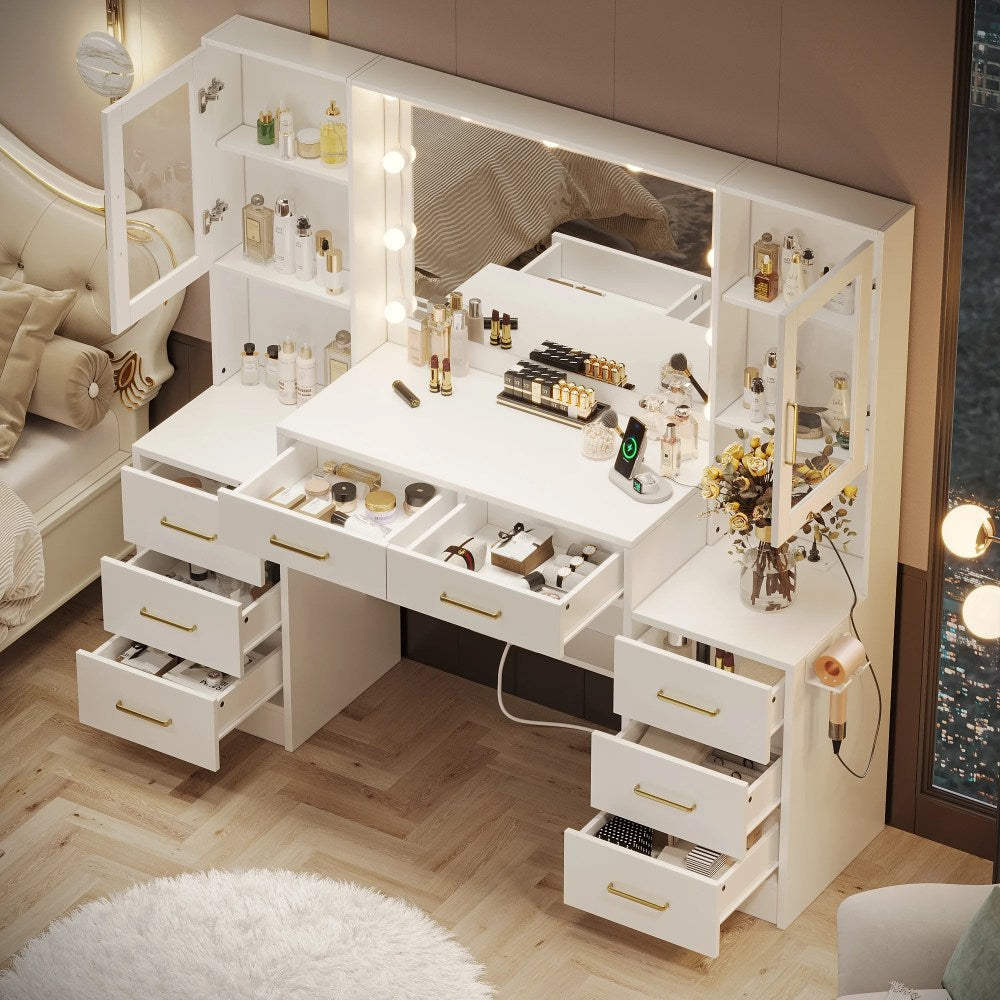 UGTOO LED Makeup Vanity Desk With Mirror, 58.27in, 10 Adjustable LED Bulbs, 8 Drawers, 2 Cabinets, White