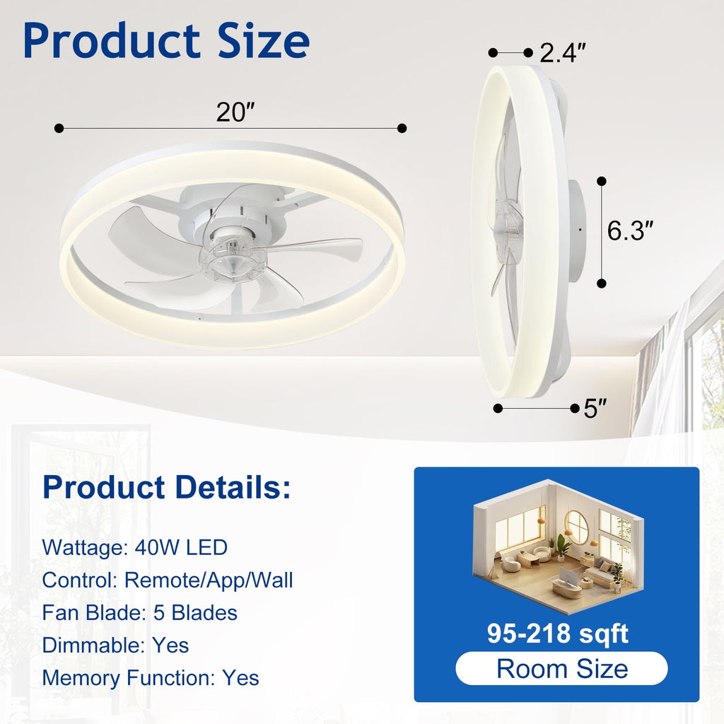 Depuley 20" White Flush Mount Ceiling Fan with Light - Low Profile, App & Remote Control, 6-Speed Quiet DC Motor, Dimmable LED for Bedroom
