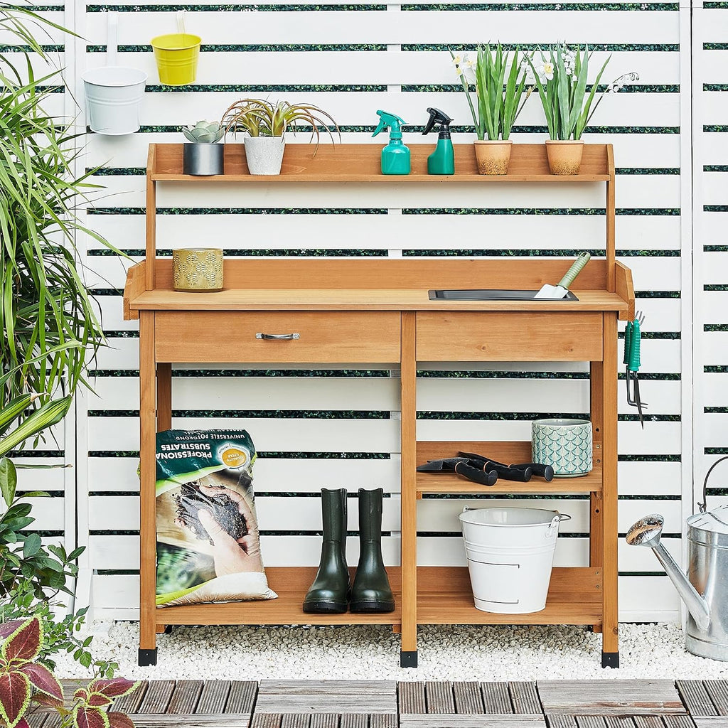 Yaheetech Potting Bench with Sink & Drawer, Outdoor Gardening Table, Wood