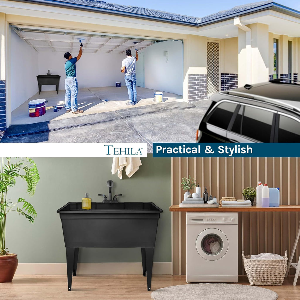 Tehila Freestanding Double-Wide Utility Sink with Steel Legs & Black Pull-Out Faucet, Multi-Purpose Heavy-Duty Laundry Tub and Kitchen Sink for Homes