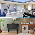 Tehila Freestanding Double-Wide Utility Sink with Steel Legs & Black Pull-Out Faucet, Multi-Purpose Heavy-Duty Laundry Tub and Kitchen Sink for Homes