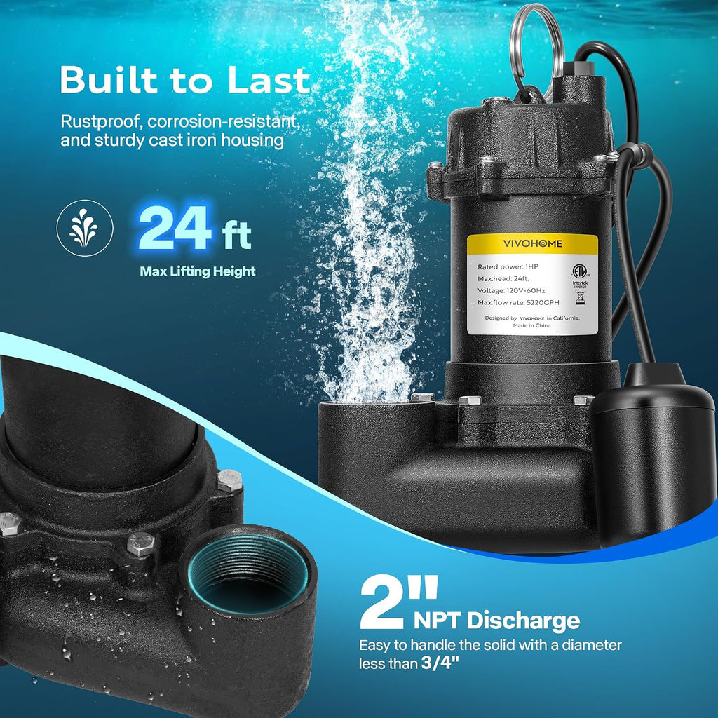 VIVOHOME 1 HP Cast Iron Sewage/Effluent Pump for Basement, Septic Tank