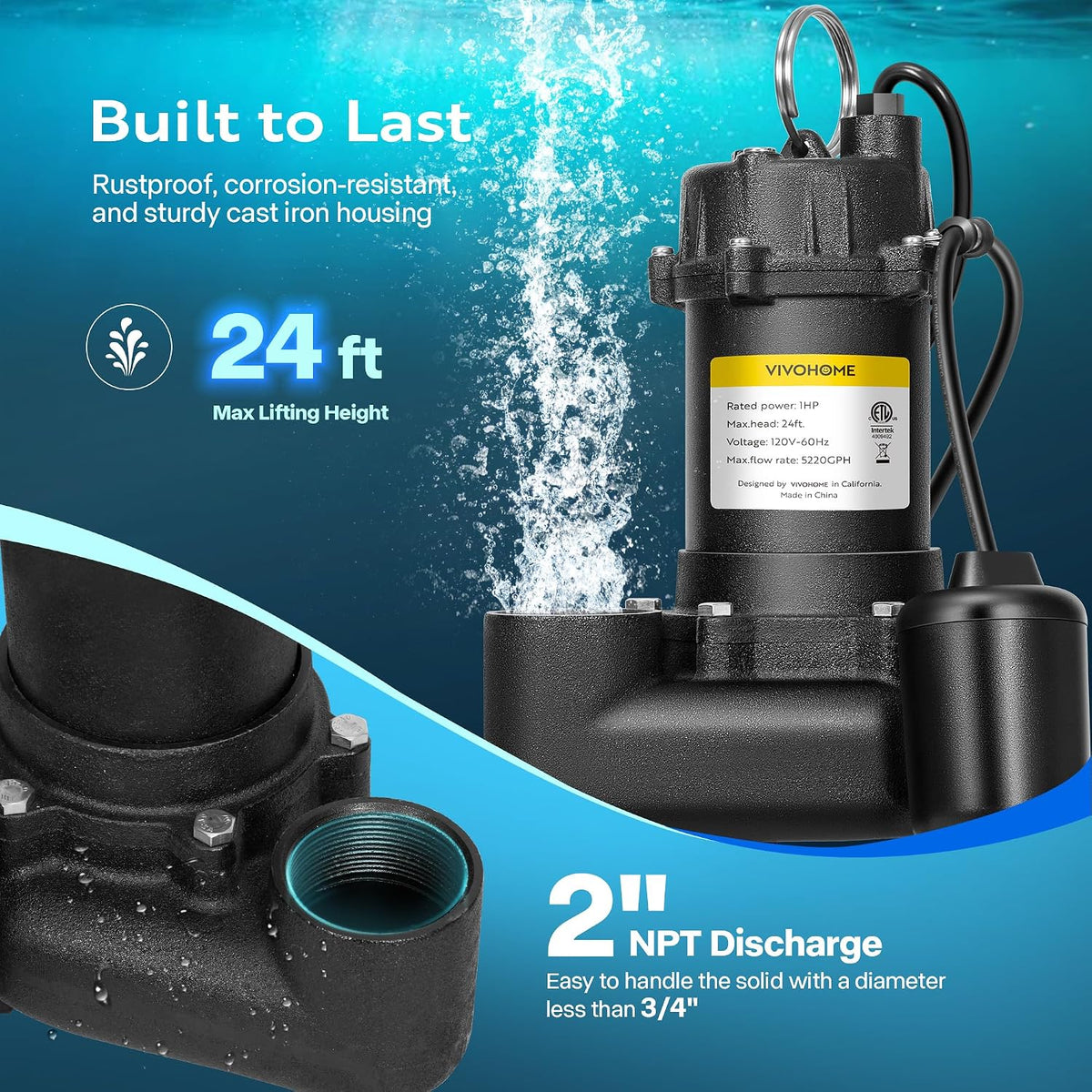 VIVOHOME 1 HP Cast Iron Sewage/Effluent Pump for Basement, Septic Tank
