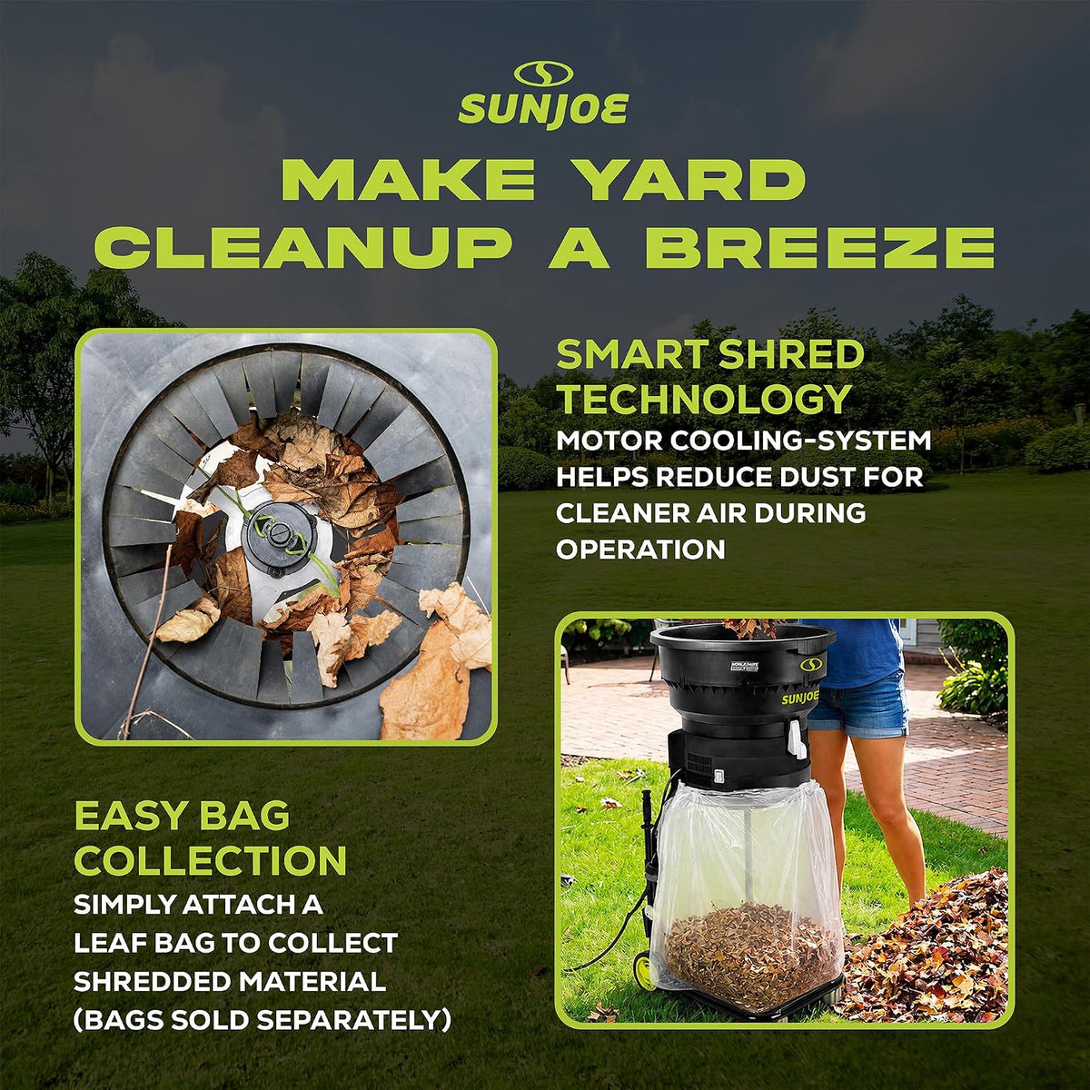 Sun Joe SDJ617E Bladeless Electric Leaf Mulcher + Shredder, 15 Amp, 8,000 RPM, Mulches Up to 55 Gallons of Leaves Per Minute