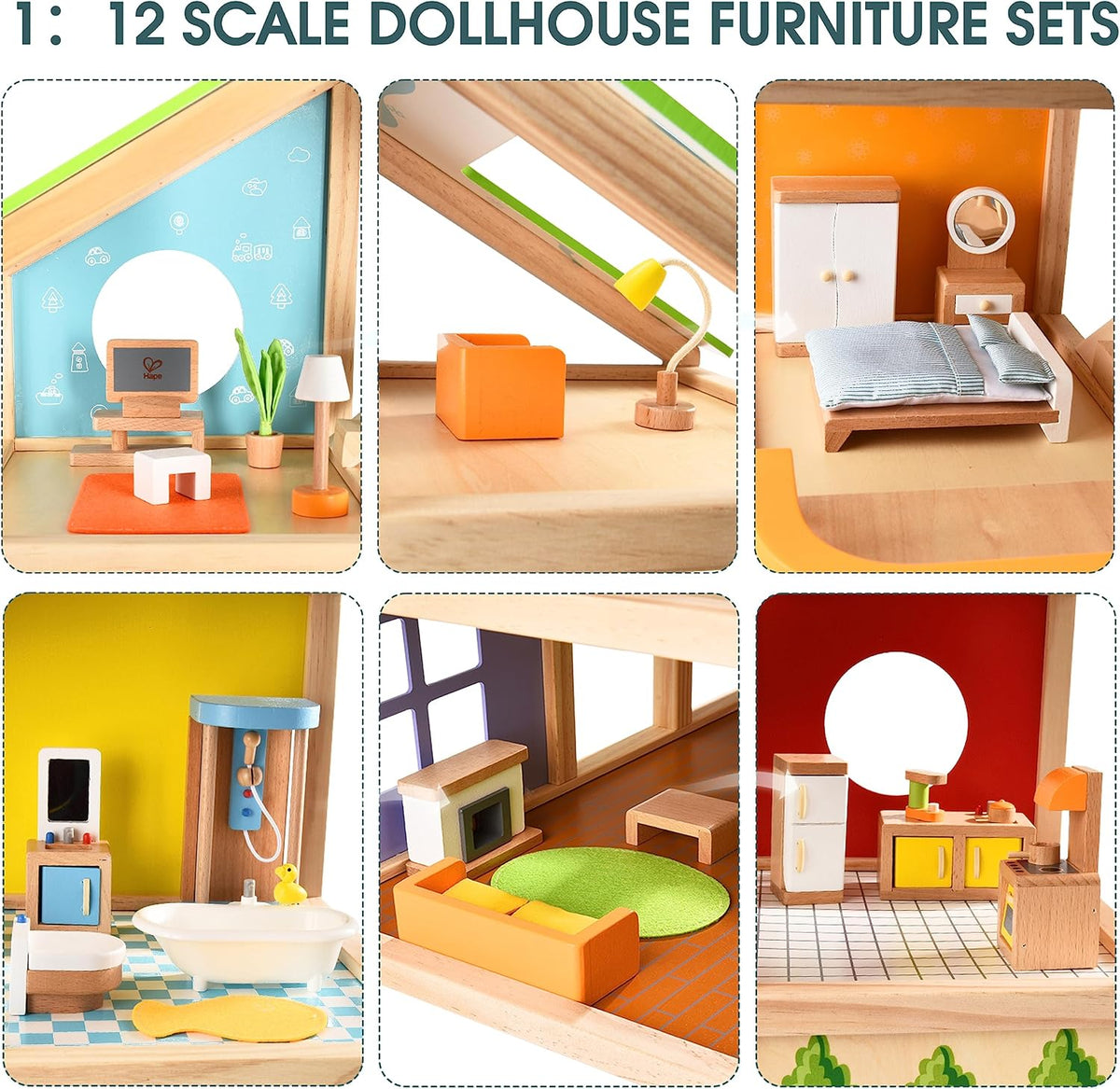 All Seasons Kids Wooden Dollhouse by Hape | Award Winning 3 Story Dolls House Toy with Furniture, Accessories, Movable Stairs and Reversible Season