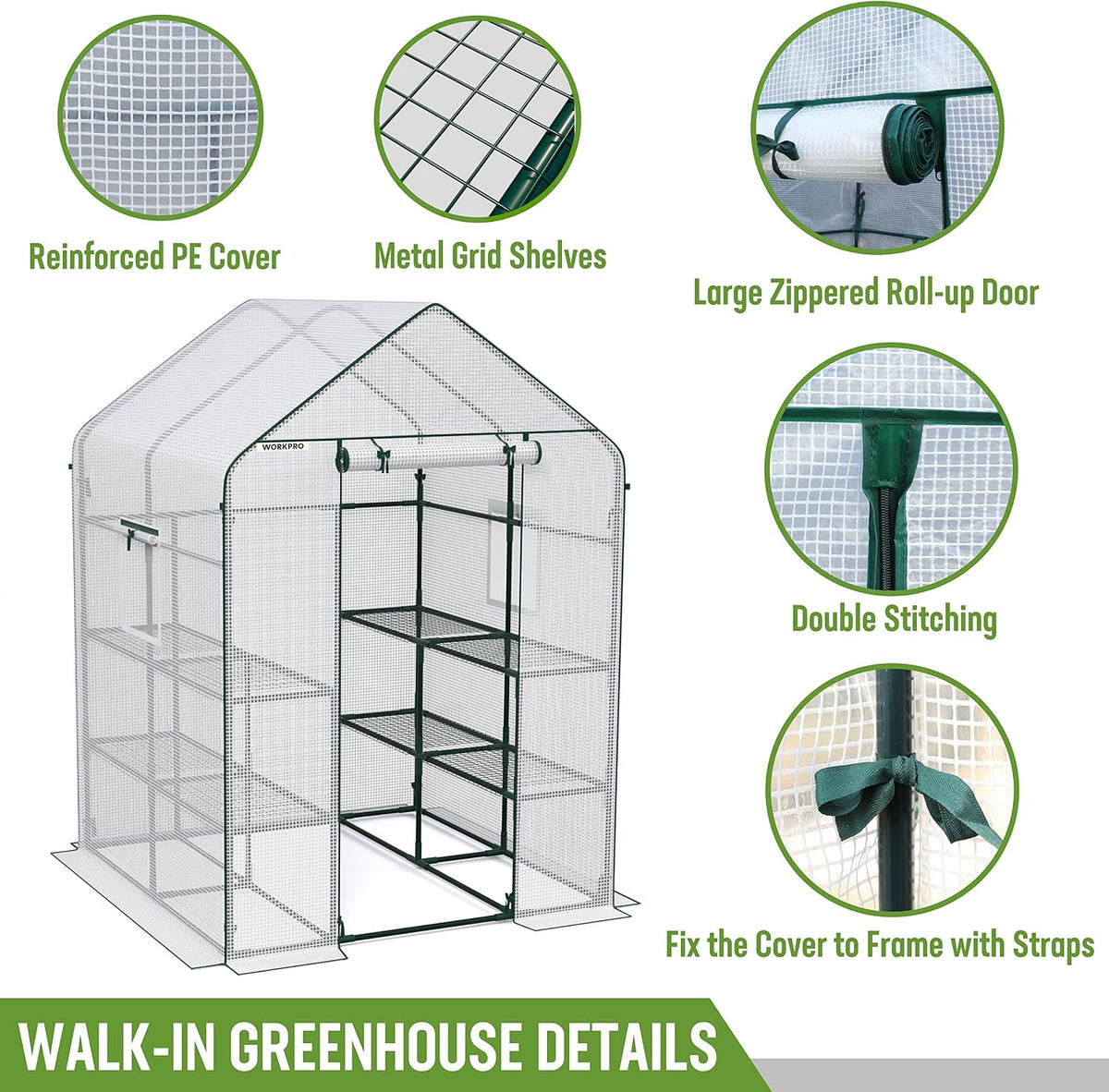 WORKPRO Greenhouse, Heavy Duty Walk-in Greenhouse (56” x 56” x 77”)