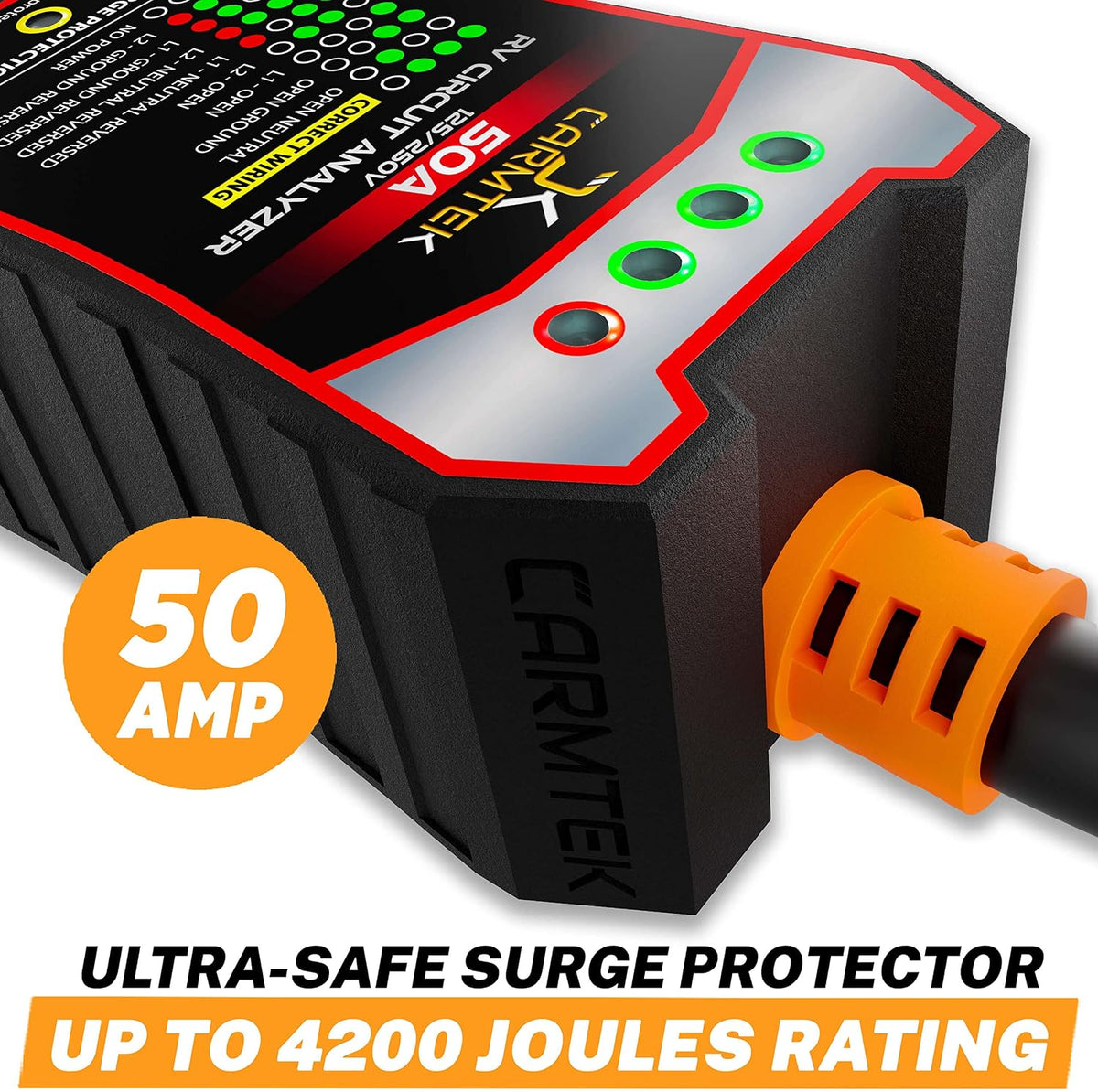 CARMTEK RV Surge Protector 50 Amp - RV Circuit Analyzer with Integrated Surge Protection - Smart 50 Amp Surge Voltage Defender with Grip Handles