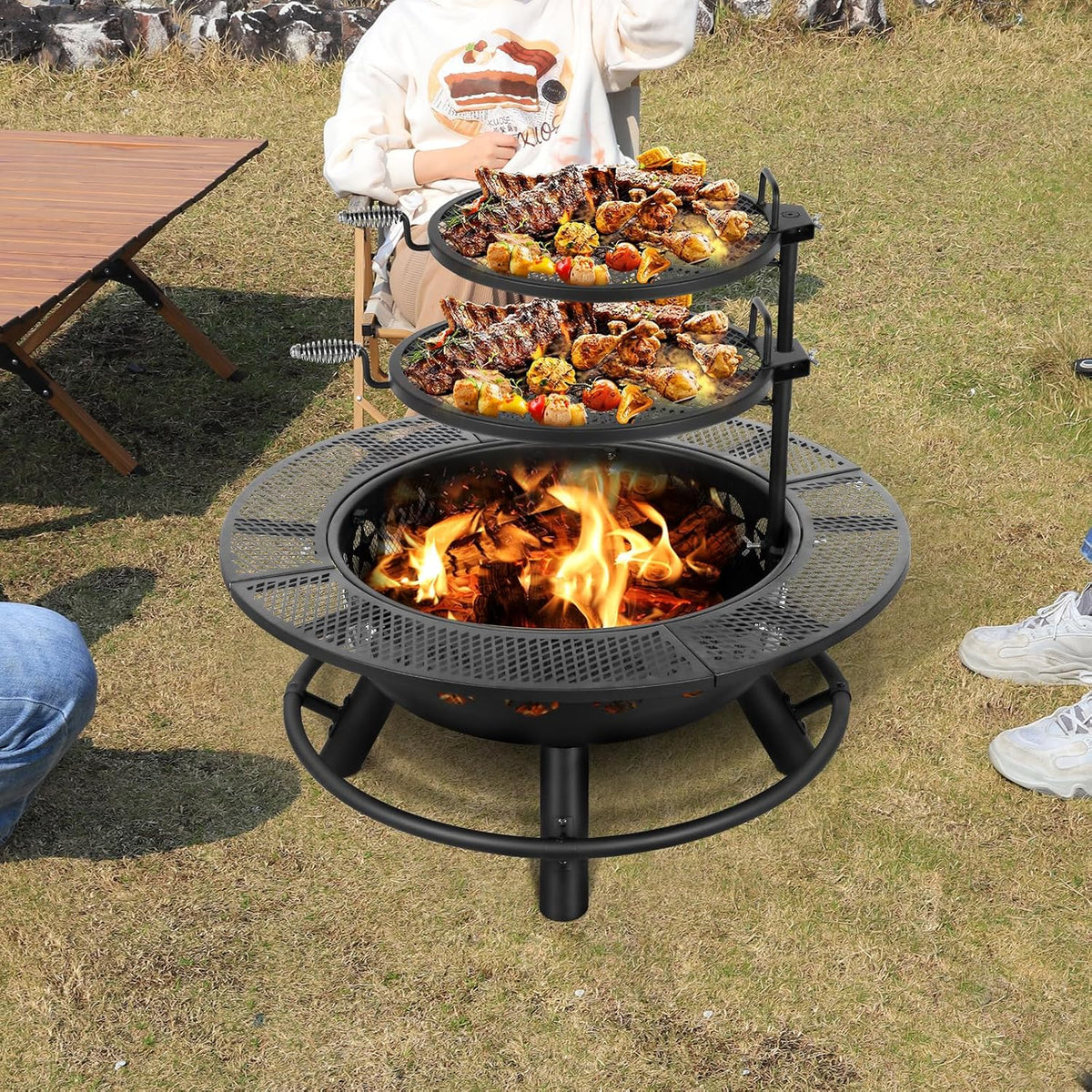 Hykolity 35 Inch Fire Pit with 2 Cooking Grate & Charcoal Pan, Outdoor Wood Burning BBQ Grill Firepit Bowl with Cover Lid, Steel Round Table for