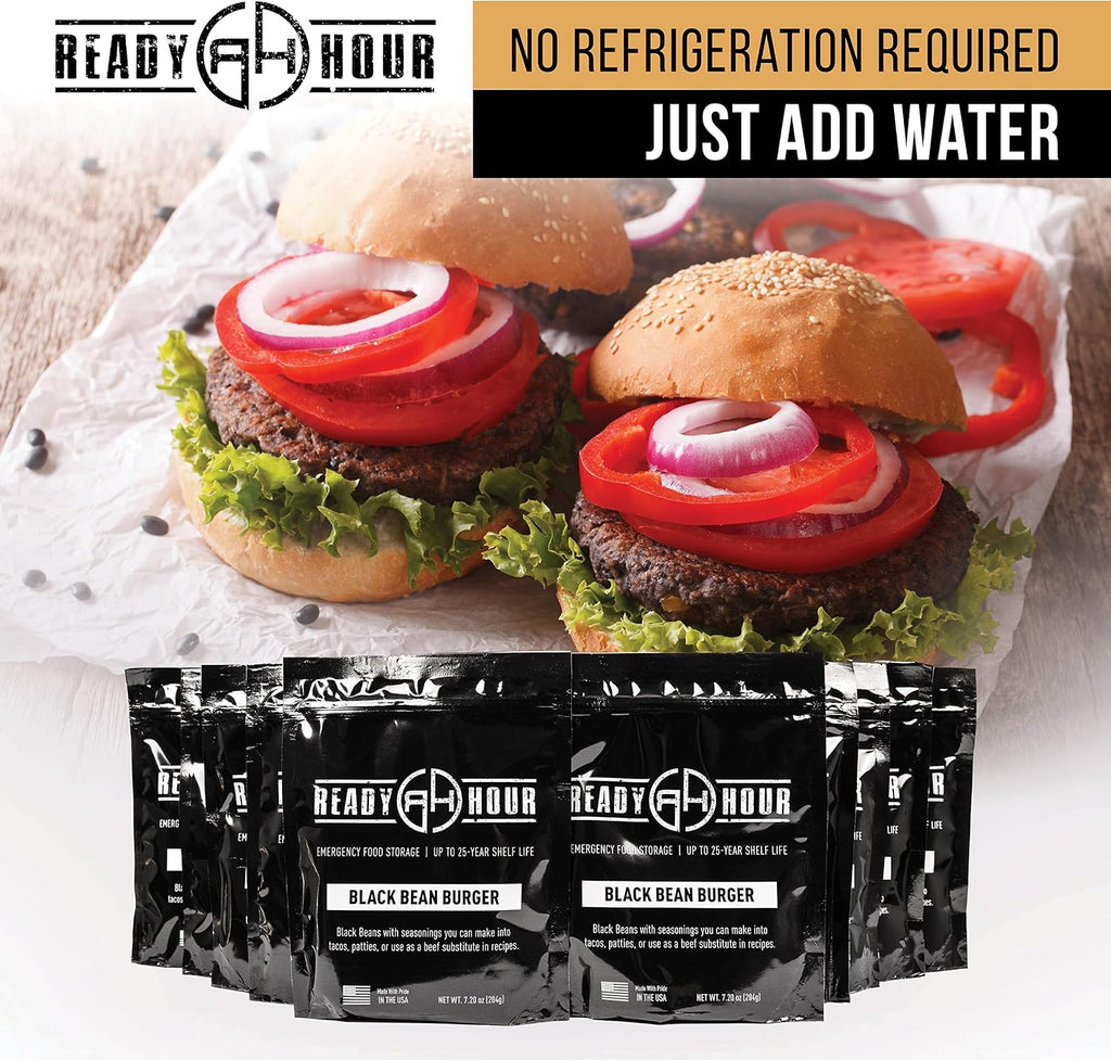 Ready Hour, Black Bean Burger Mix, Real Non-Perishable Recipe, 25-Year Shelf Life, Emergency and Adventure Food Supply, Includes 10 Resealable