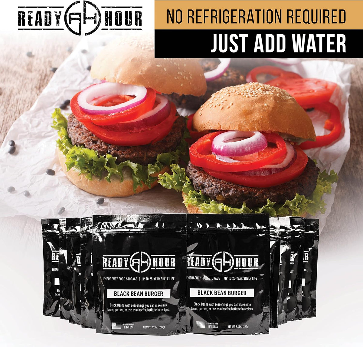Ready Hour, Black Bean Burger Mix, Real Non-Perishable Recipe, 25-Year Shelf Life, Emergency and Adventure Food Supply, Includes 10 Resealable