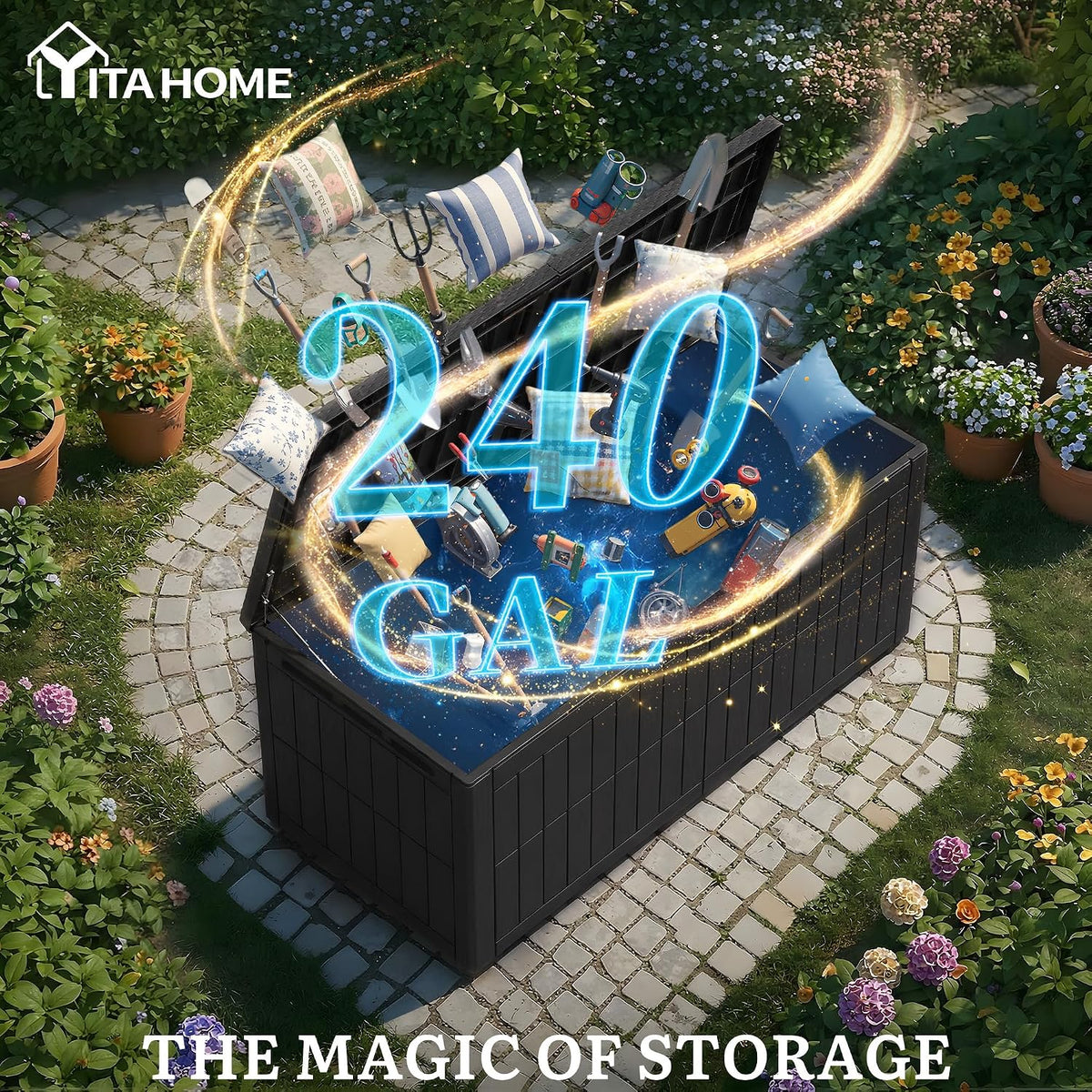 YITAHOME 240 Gallon Large Outdoor Storage Box XXL Resin Deck Box with Lock