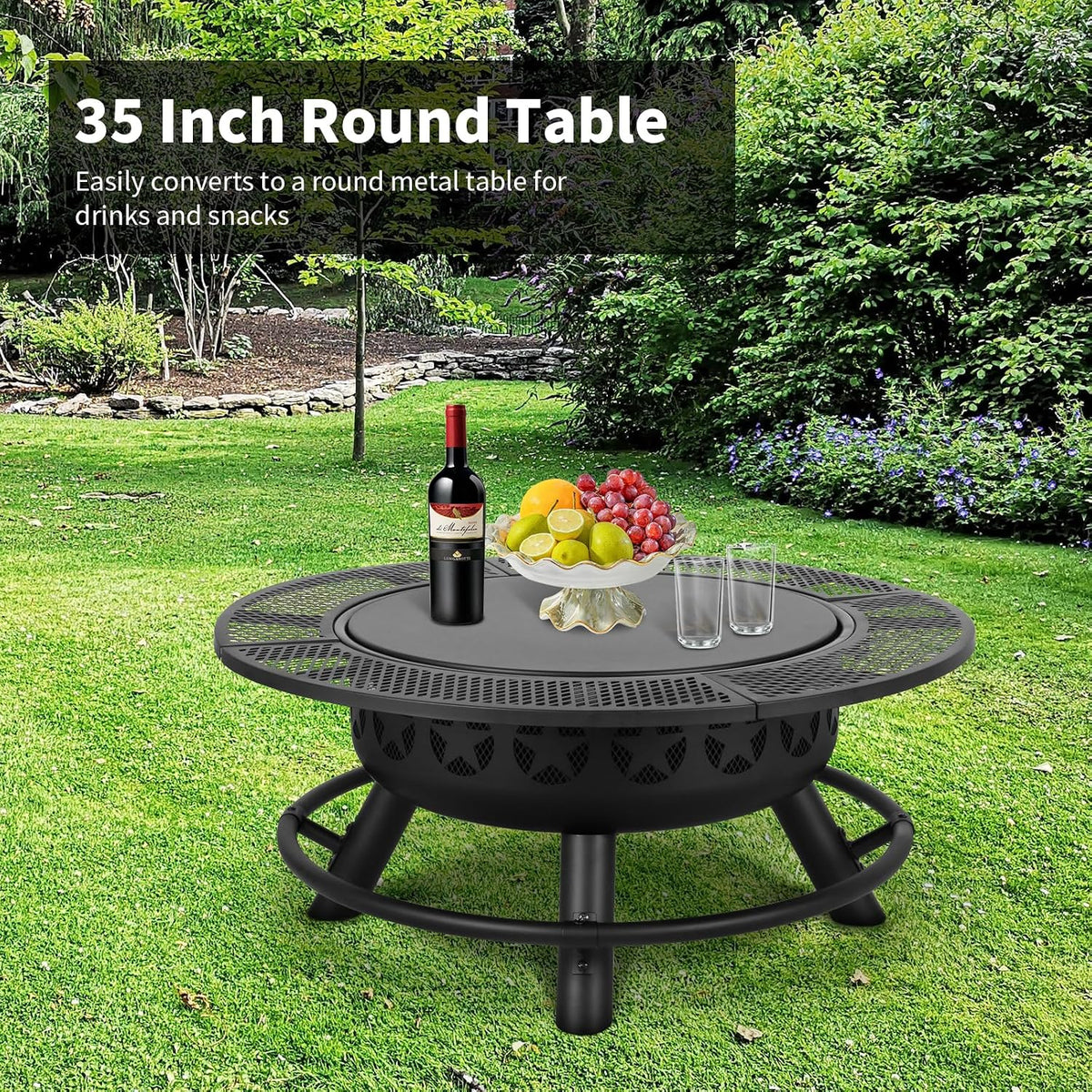 Hykolity 35 Inch Fire Pit with 2 Cooking Grate & Charcoal Pan, Outdoor Wood Burning BBQ Grill Firepit Bowl with Cover Lid, Steel Round Table for