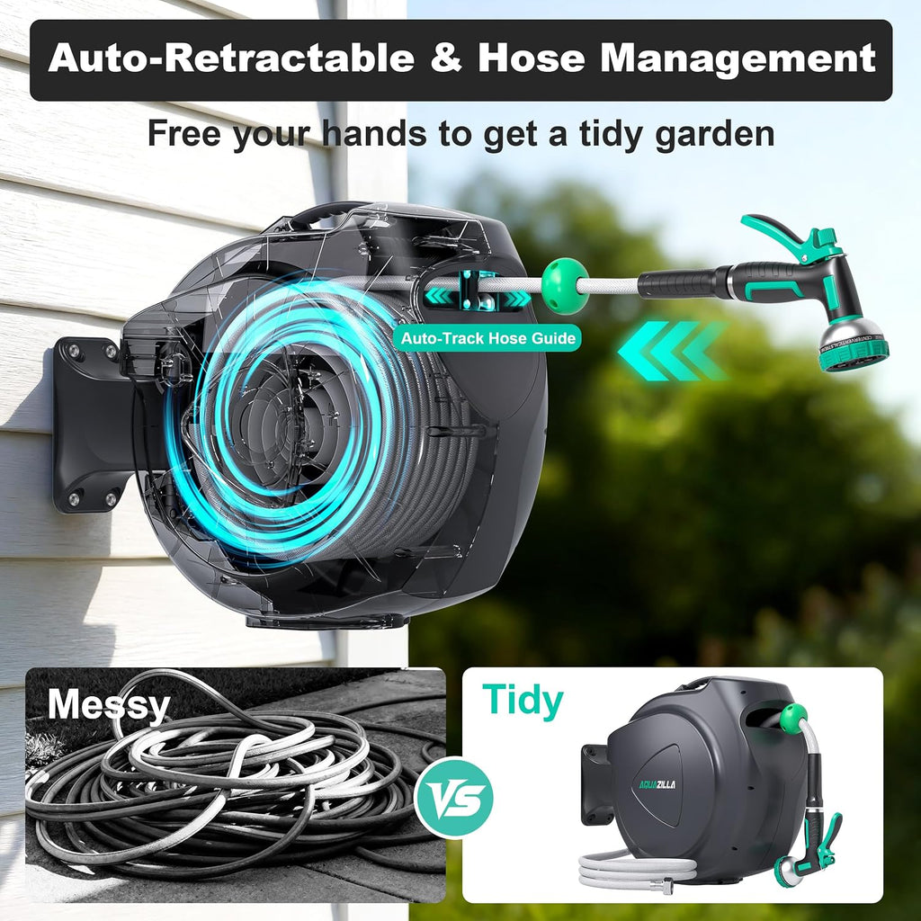 Retractable Garden Hose Reel, 65FT +6FT 5/8" Durable Wall Mounted Water Hose Reel with 180° Swivel Bracket, 9 Pattern Sprayer, 6Ft leader hose,Smooth