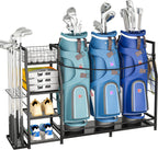 Golf Bag Stand for Golf Bag Accessories, Golf Bag Storage Organizer Fits 3 Bags for Garage Organization, Golf Organizer with Extra Storage Rack for