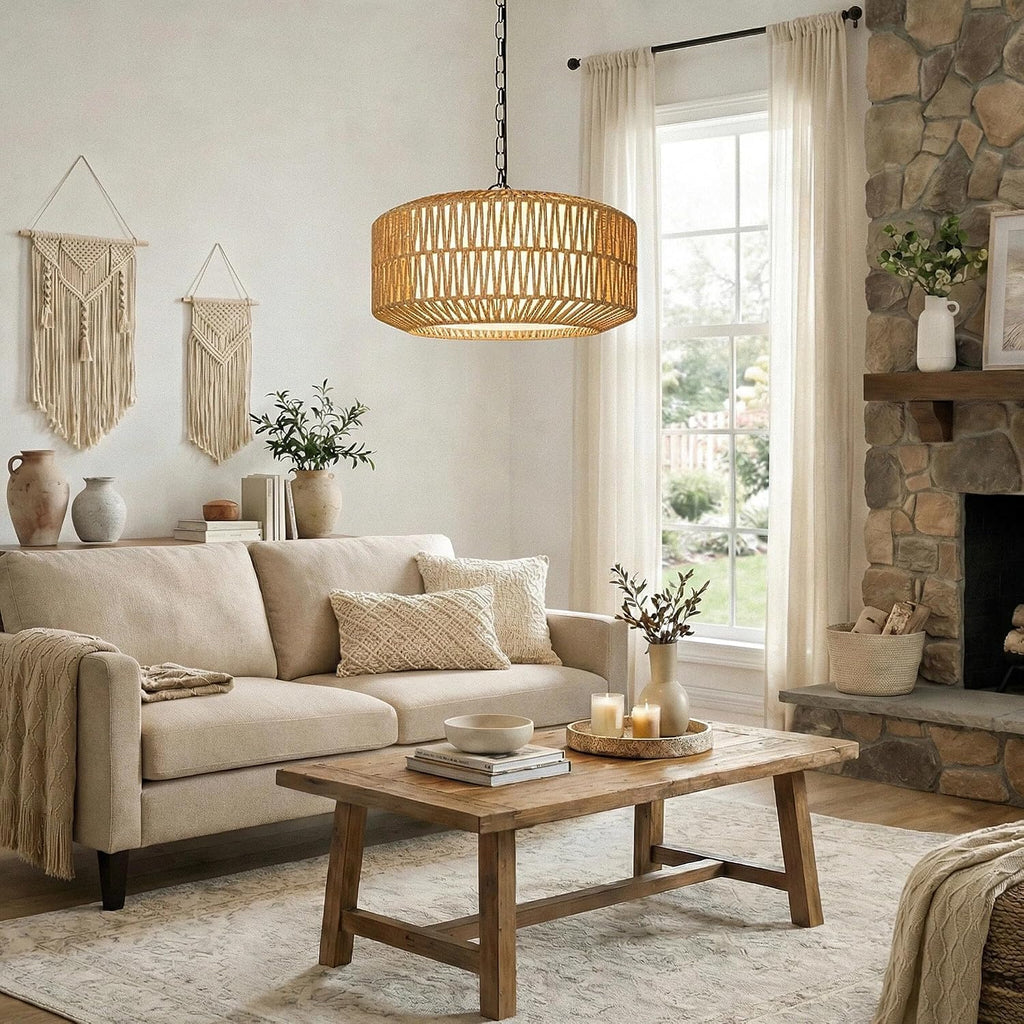 19" Rattan Chandelier for Dining Room, Boho Dining Room Light Fixture