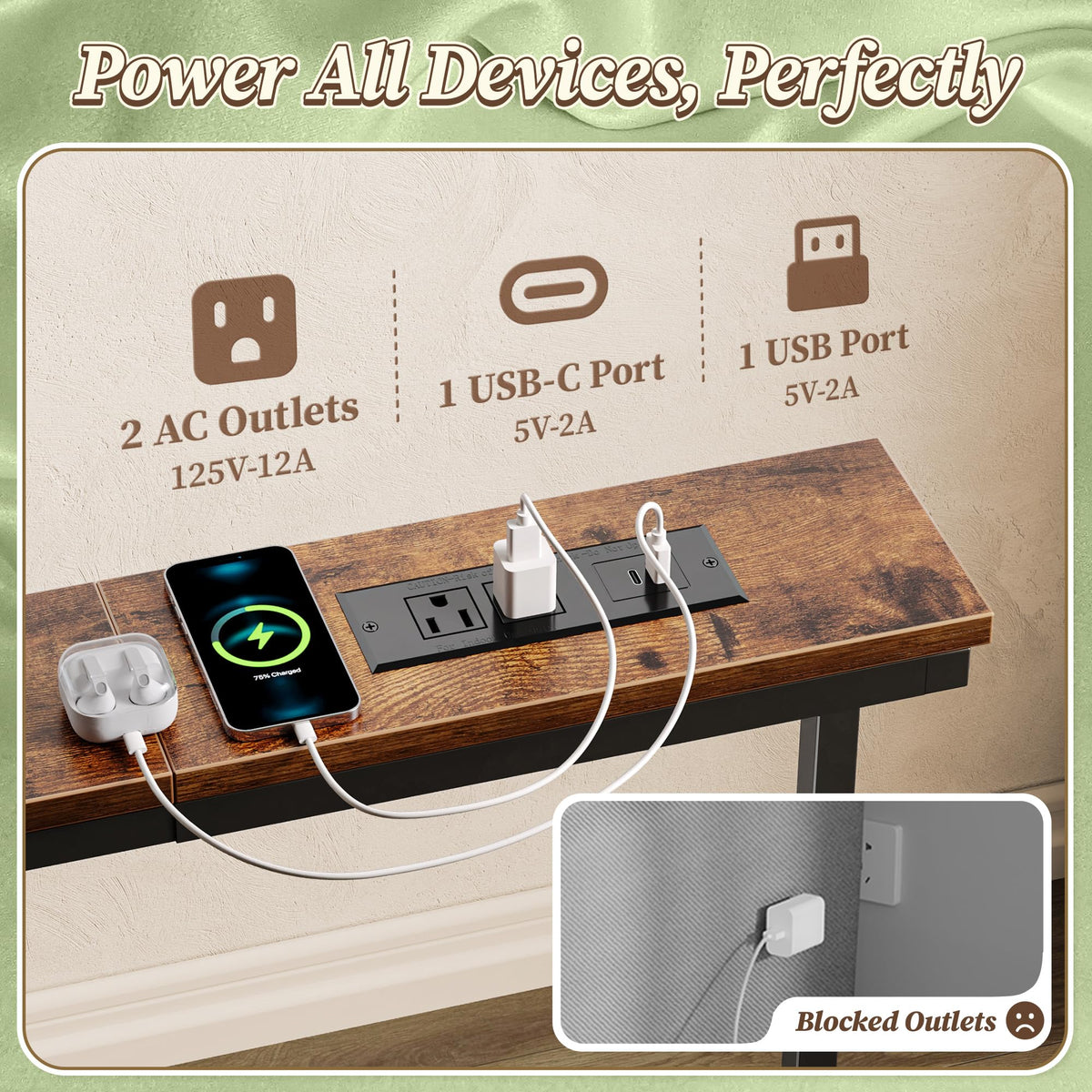 Huuger 63.4-78.3'' Extendable Behind Couch Table with Outlets, Rustic Brown