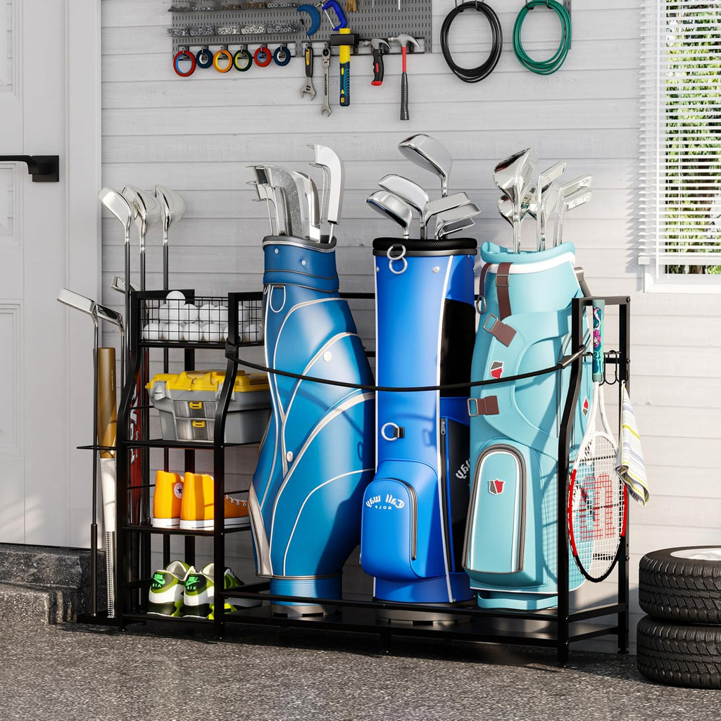 Golf Bag Stand for Golf Bag Accessories, Golf Bag Storage Organizer Fits 3 Bags for Garage Organization, Golf Organizer with Extra Storage Rack for