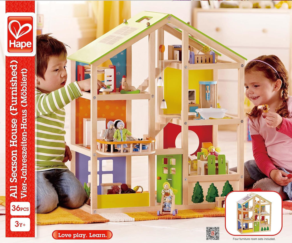 All Seasons Kids Wooden Dollhouse by Hape | Award Winning 3 Story Dolls House Toy with Furniture, Accessories, Movable Stairs and Reversible Season