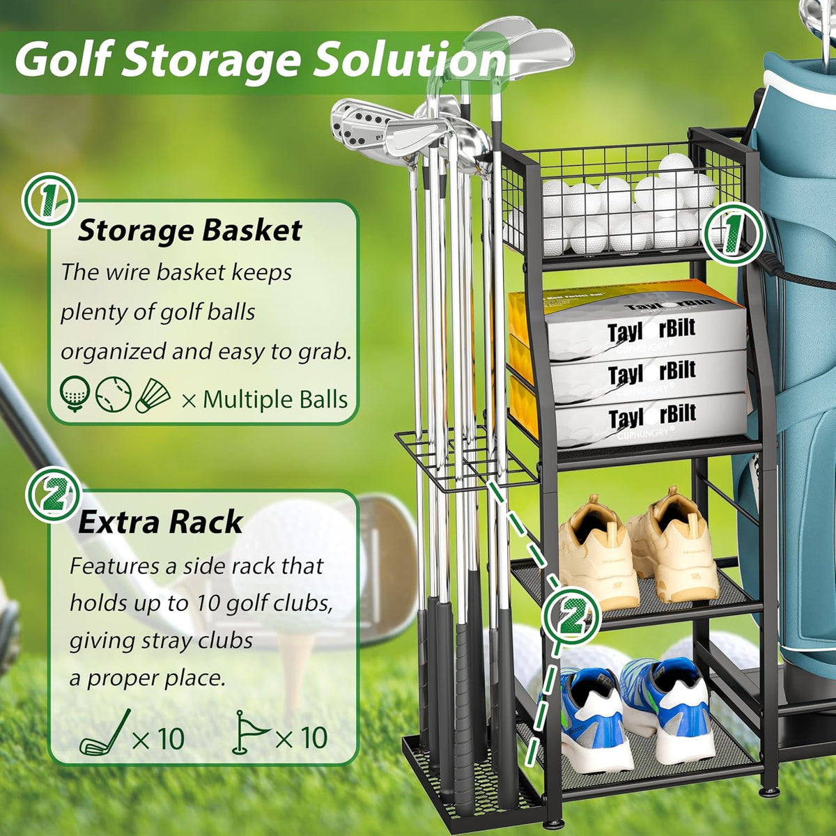Golf Bag Stand for Golf Bag Accessories, Golf Bag Storage Organizer Fits 3 Bags for Garage Organization, Golf Organizer with Extra Storage Rack for