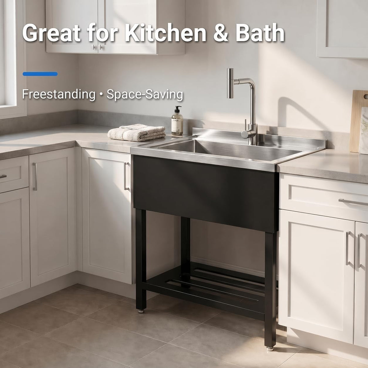 Commercial Stainless Steel Utility Sink, Heavy-Duty Freestanding Basin with Pull-Down Faucet for Garage Laundry Workshop, Silver/Black