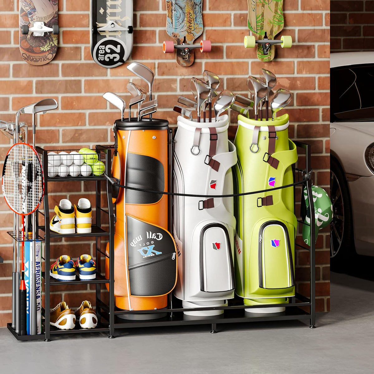Golf Bag Stand for Golf Bag Accessories, Golf Bag Storage Organizer Fits 3 Bags for Garage Organization, Golf Organizer with Extra Storage Rack for