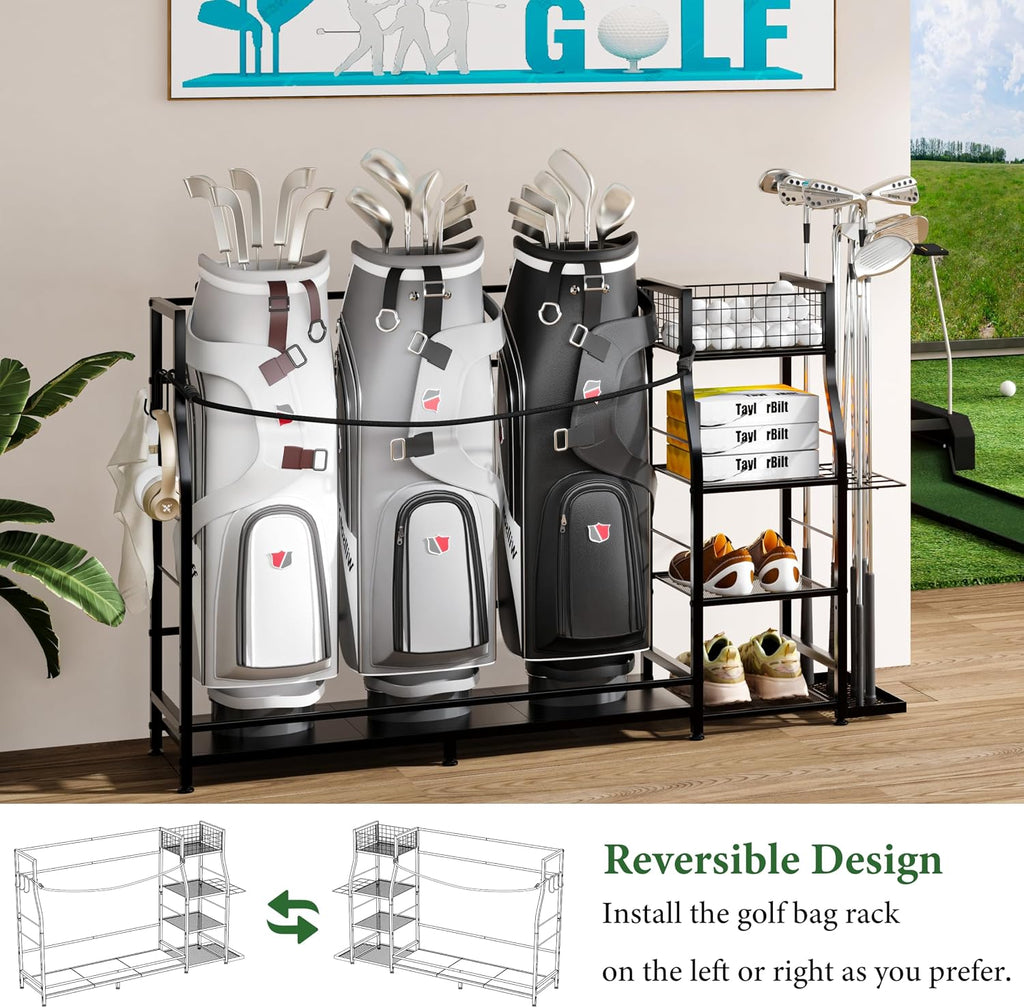 Golf Bag Stand for Golf Bag Accessories, Golf Bag Storage Organizer Fits 3 Bags for Garage Organization, Golf Organizer with Extra Storage Rack for