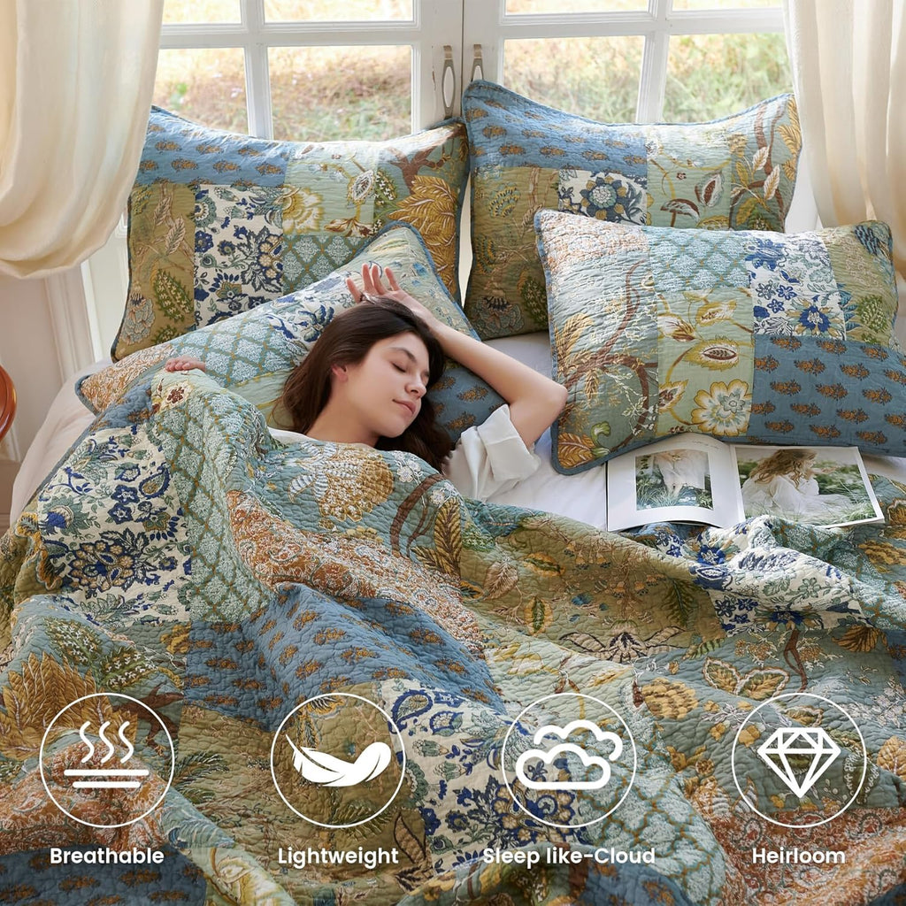 King Size Comforter Set- 100% Cotton Quilt King Size Set, Green, Sage bedspreads (96 * 108 Inch) with 2 Pillow Shams, Patchwork Reversible