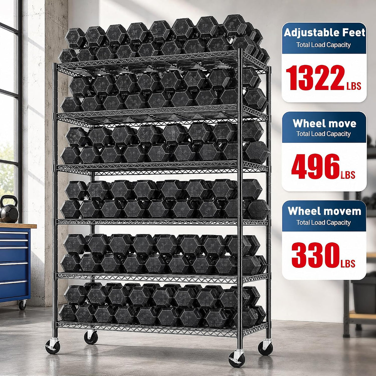 Heavy Duty 6-Tier Rolling Storage Shelves with Wheels for Garage
