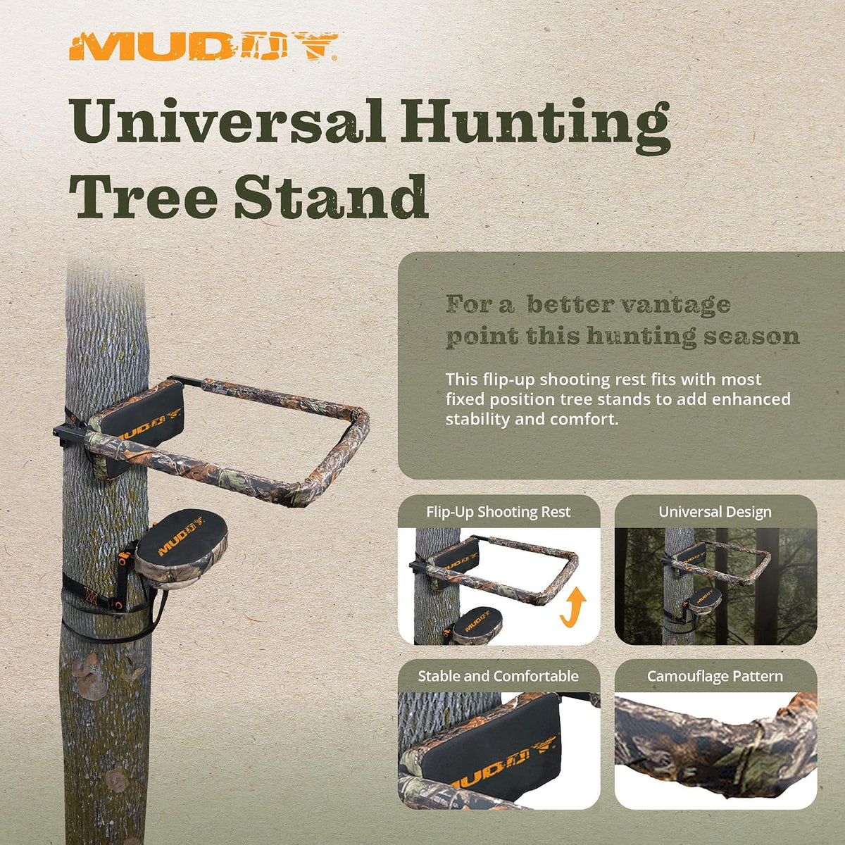 Muddy Universal Flip Up Shooting Rail Rest for Hang On Tree Stands, Black