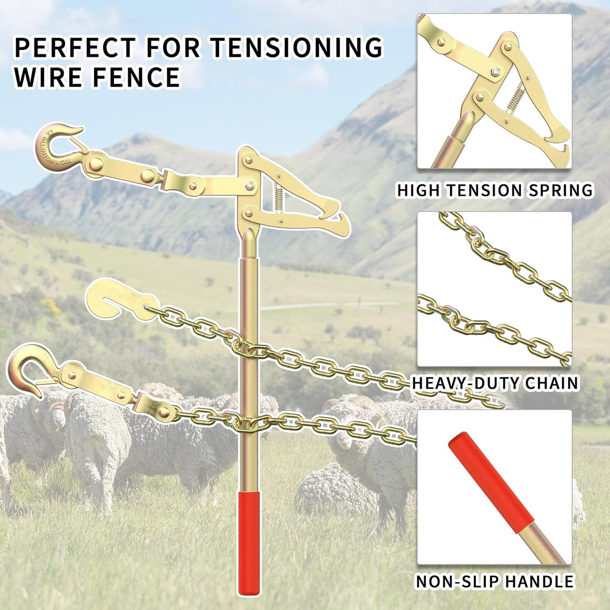 Fence Stretcher Tool Chain Link Fence Bar Puller, Heavy Duty Steel 19.7ft Chain Strainer Wire Tensioner, Barbed Wire Fence Tensioner and Repair Tool