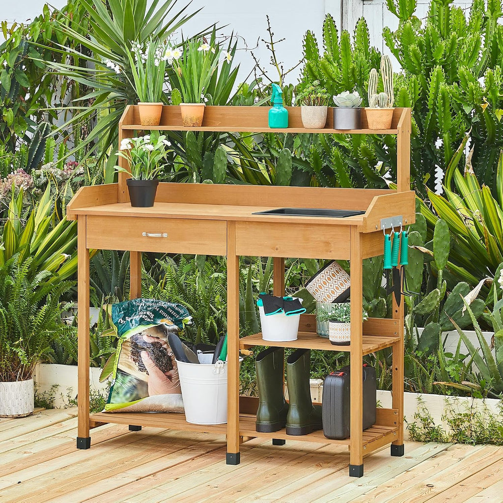 Yaheetech Potting Bench with Sink & Drawer, Outdoor Gardening Table, Wood