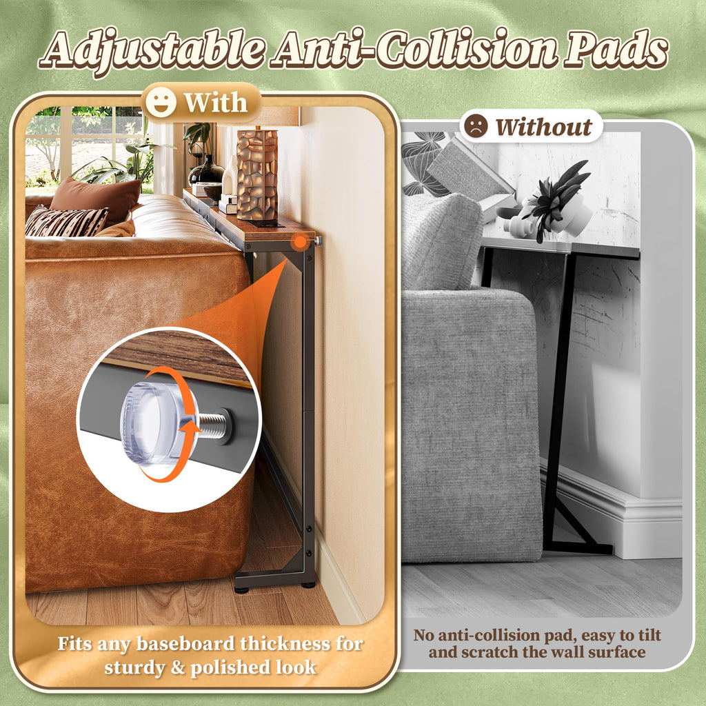 Huuger 63.4-78.3'' Extendable Behind Couch Table with Outlets, Rustic Brown