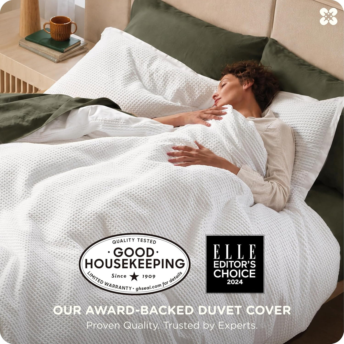 Bedsure PureWoven 3 Pieces 100% Cotton Waffle Duvet Cover Set, Queen, White