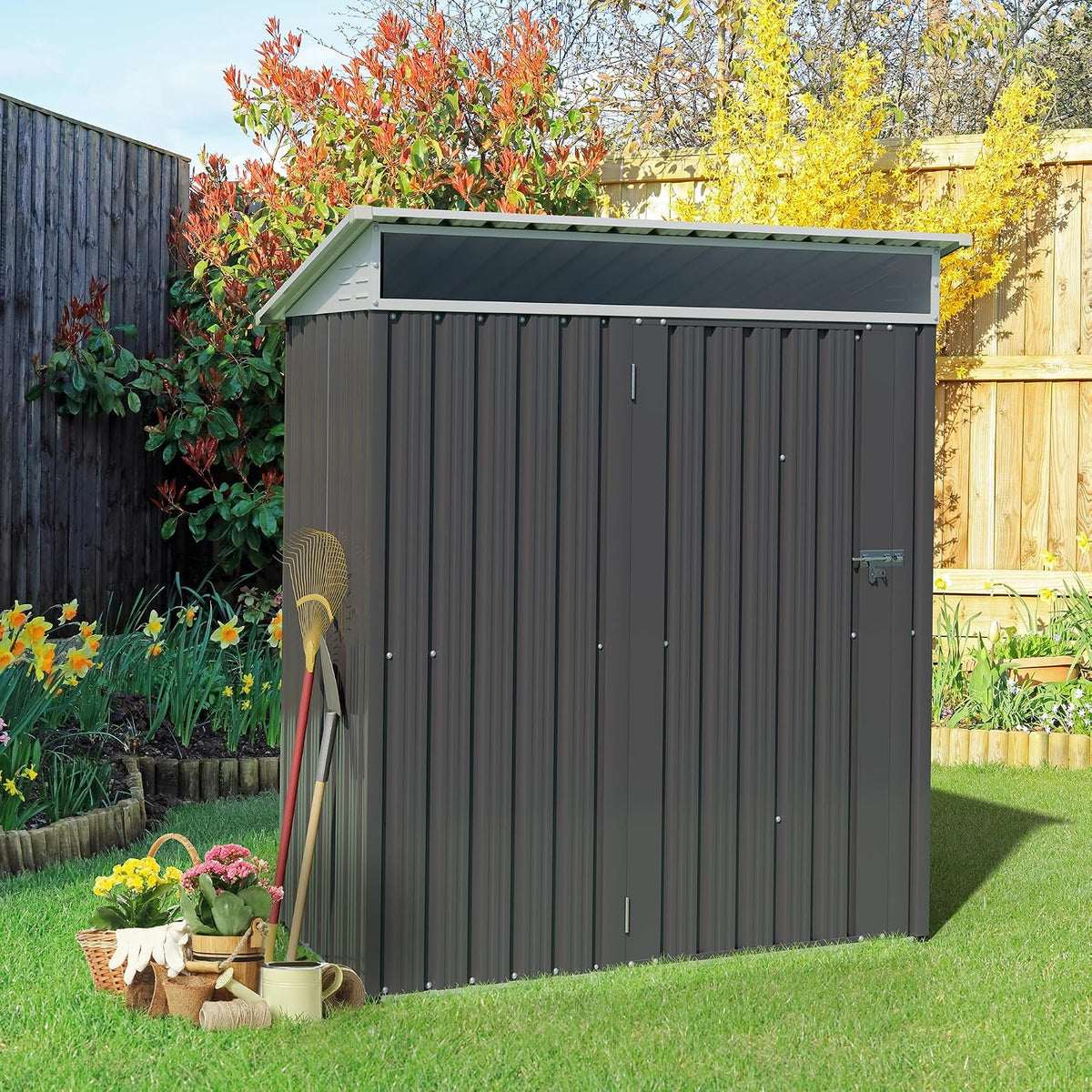 Vongrasig 5 x 3 x 6 FT Outdoor Storage Shed , Metal Garden Shed with Large Window and Lockable Door, Anti-Corrosion Waterproof Tool Shed for Backyard