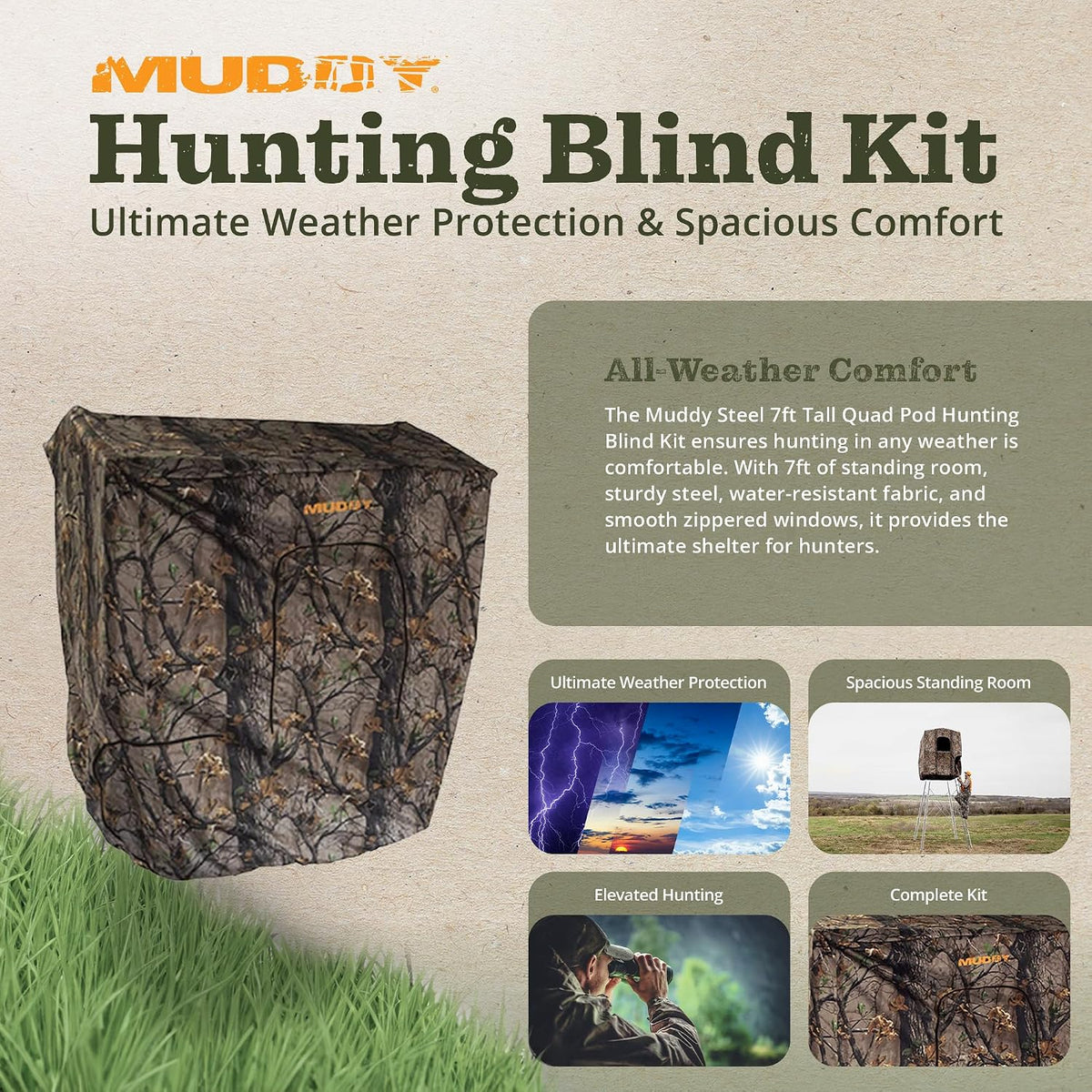 Muddy Steel 7' Tall Quad Pod Hunting Blind Cover with 4 Zippered Windows