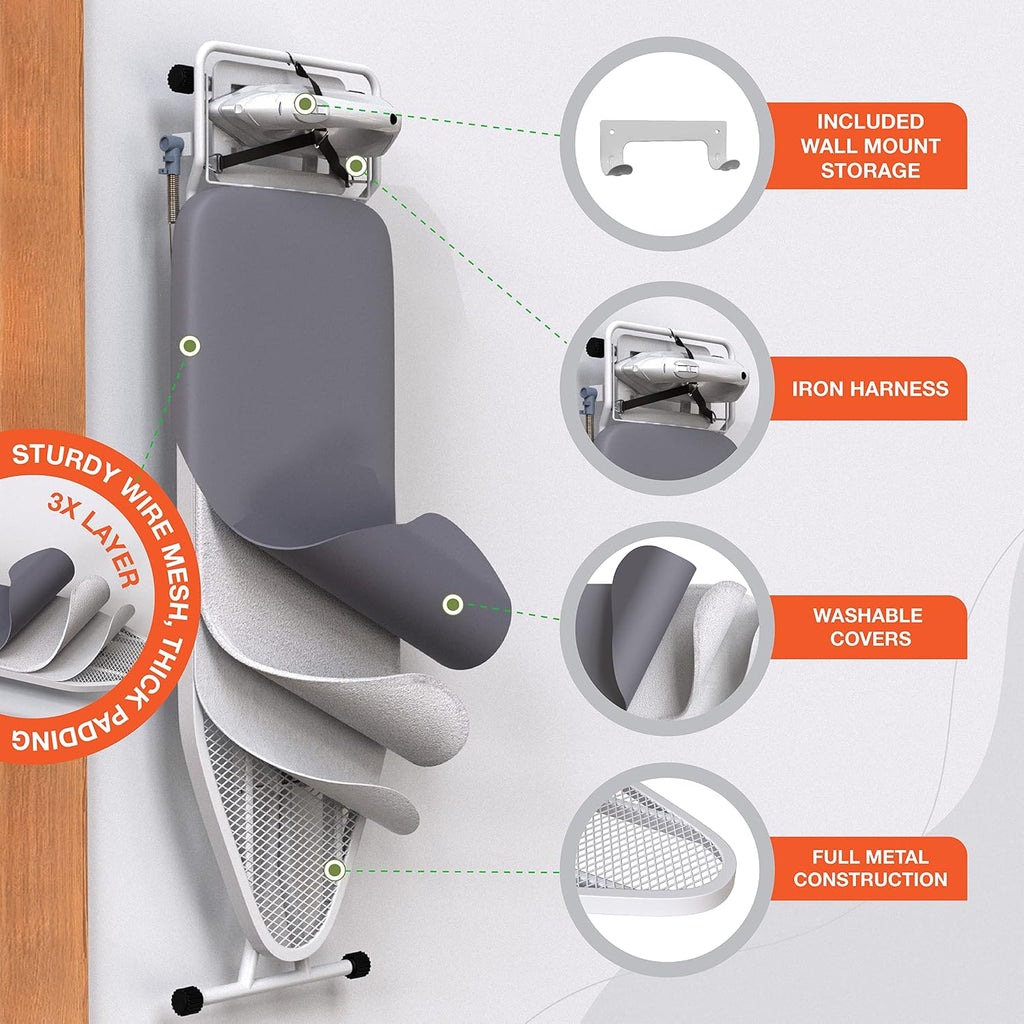 Ironing Board Extra-Wide 57" x 18" Foldable with Wall Hanger