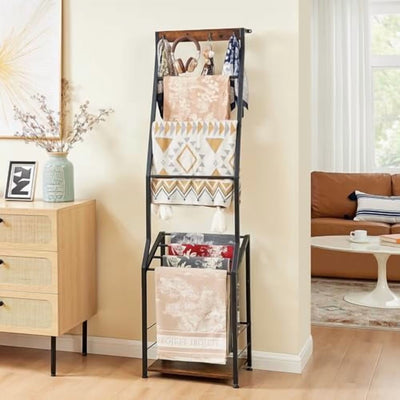 Pinzoveco 7-Tier Blanket Ladder Shelf With 4 Hooks, 5.5 ft / 18.1 x 12.6 x 66.2 in