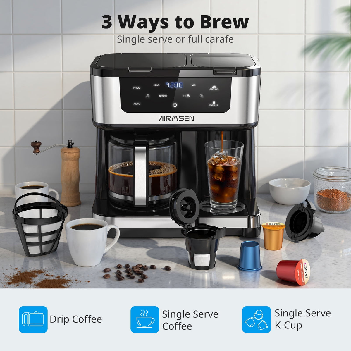 AIRMSEN 12-Cup Drip Coffee Maker with K Cup Combo, Programmable Coffee Machine with 1-4 Cup Setting, Single Serve or Coffee Pot, Auto Shut-off, Spill