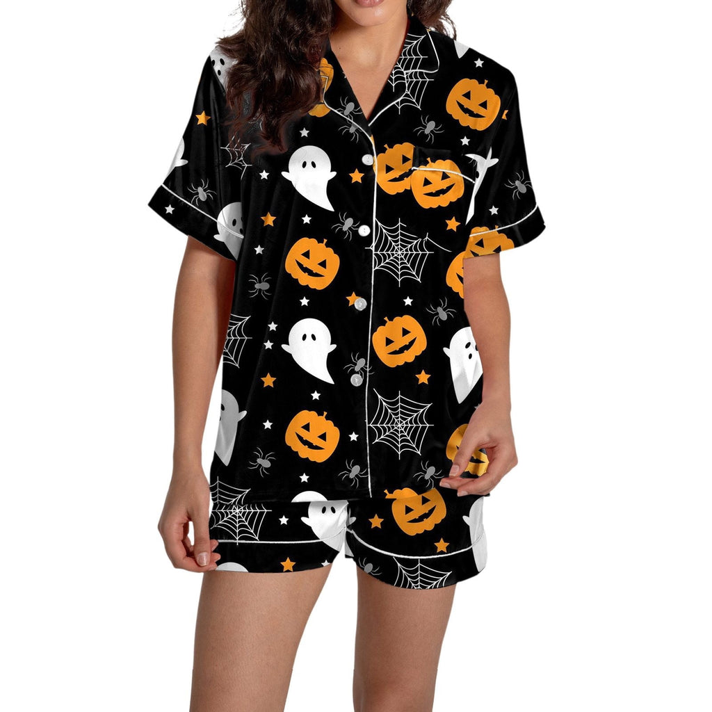 ChenYiFH Halloween Pajama Sets For Women 2 Piece Pumpkin Print Shirts And Pajamas Shorts Button Down Short Sleeve Sleepwear Black S