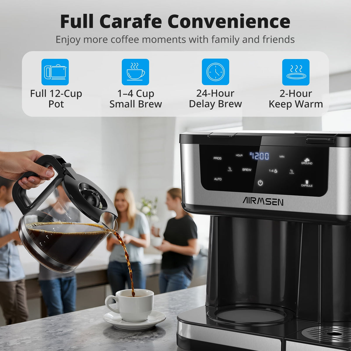 AIRMSEN 12-Cup Drip Coffee Maker with K Cup Combo, Programmable Coffee Machine with 1-4 Cup Setting, Single Serve or Coffee Pot, Auto Shut-off, Spill
