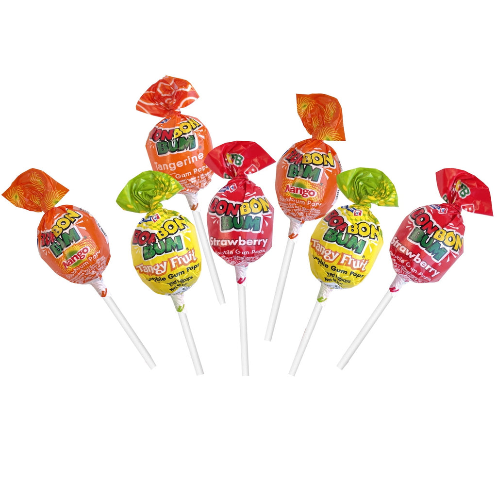 Bon Bon Bum Assorted Flavors Candy Lollipops, 1 Pound Bulk Candy (Approx. 22 pcs.), Individually Wrapped Lollipops with Bubble Gum Center, The Hampton Popcorn & Candy Company