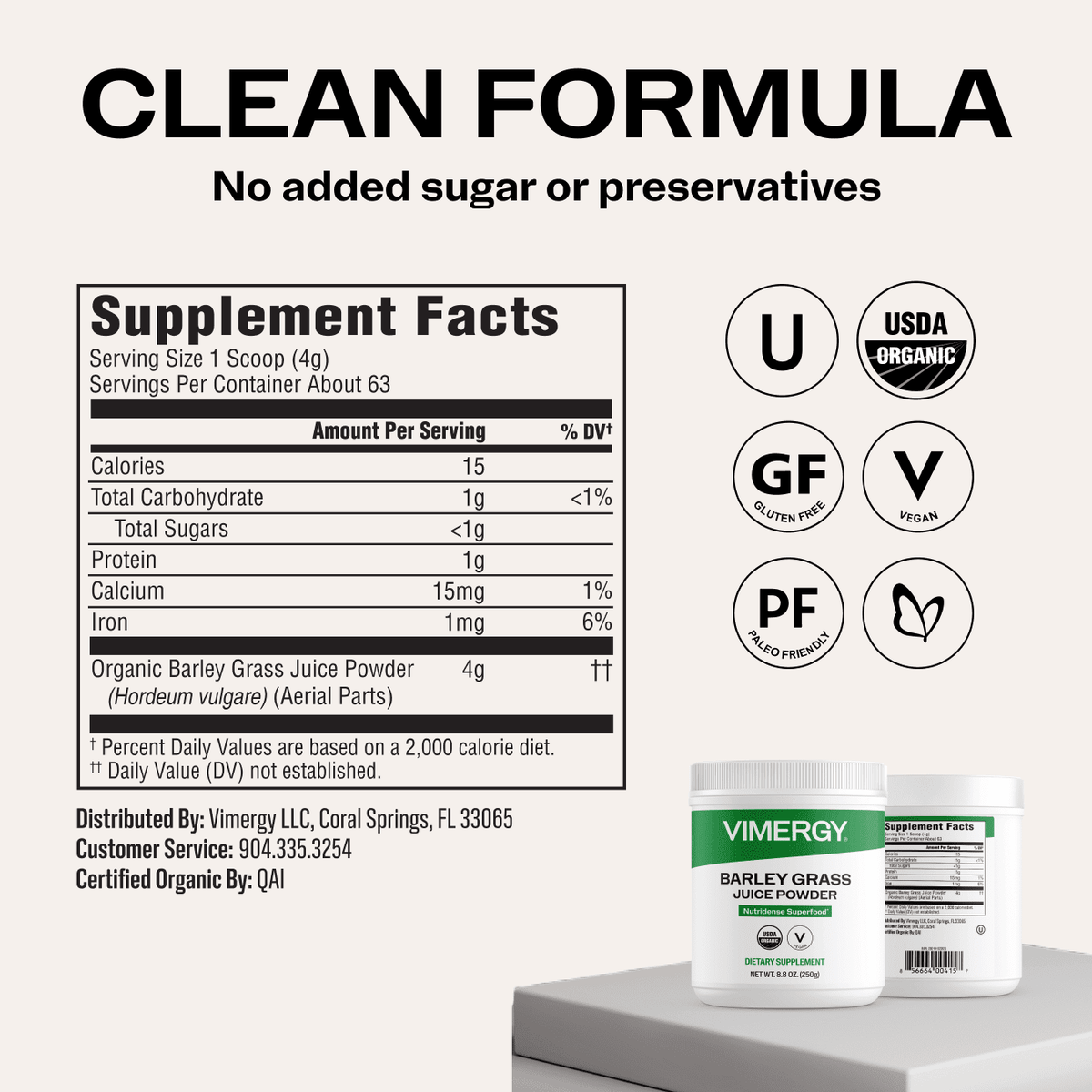VIMERGY USDA Organic Barley Grass Juice Powder, 62 Servings – Super Greens Powder