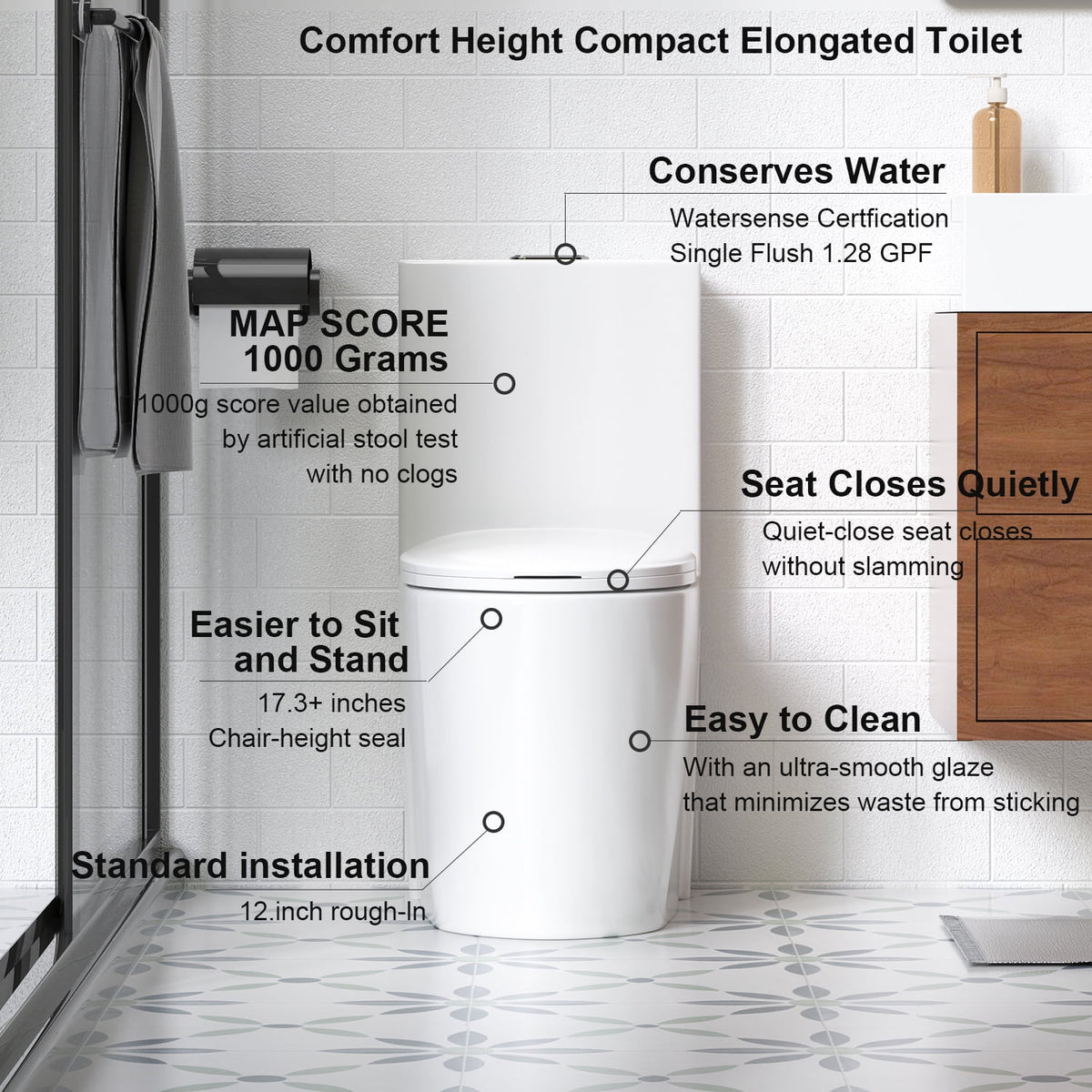 Alvantor One-Piece Toilet, 1.1/1.6 GPF Powerful Dual Flush Elongated Toilet, Soft Closing Seat White
