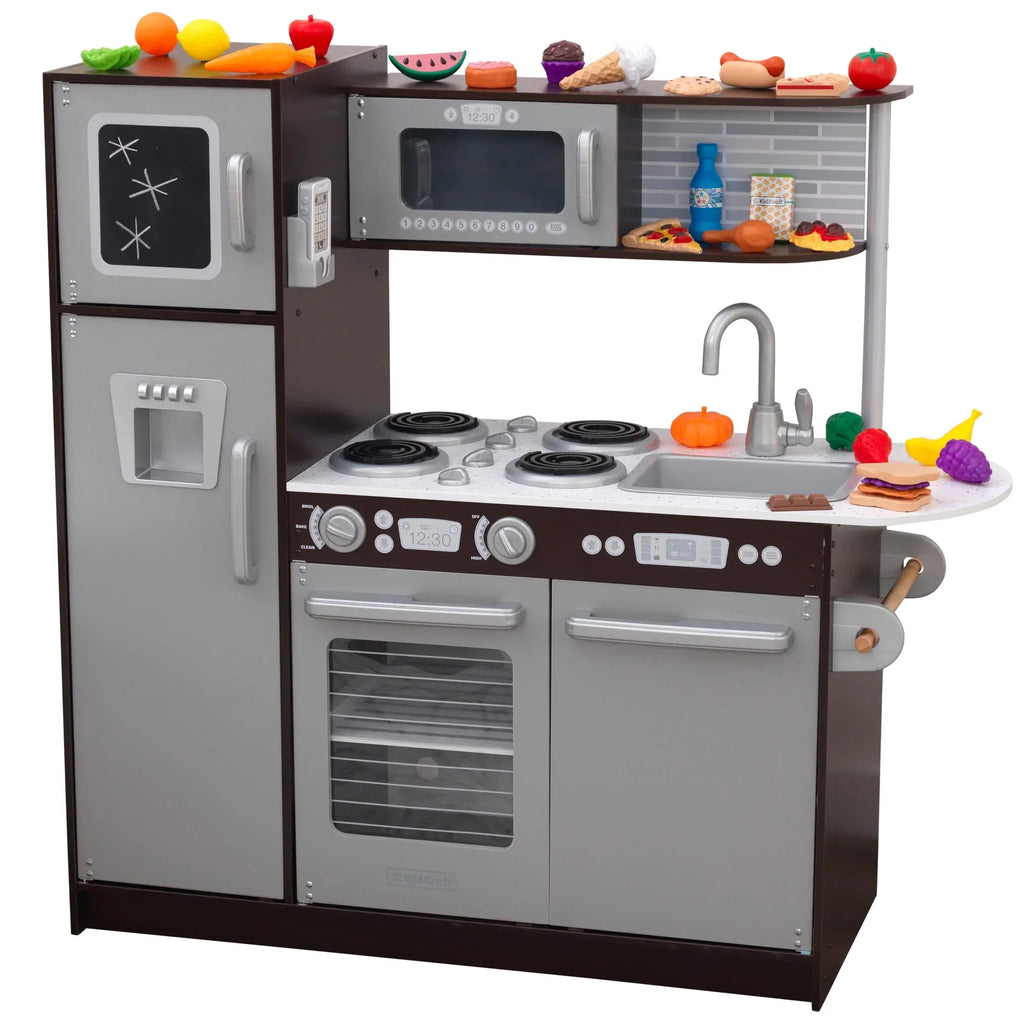 KidKraft Uptown Espresso Wooden Play Kitchen With 30-Piece Play Food Accessories