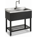 Commercial Stainless Steel Utility Sink, Heavy-Duty Freestanding Basin with Pull-Down Faucet for Garage Laundry Workshop, Silver/Black